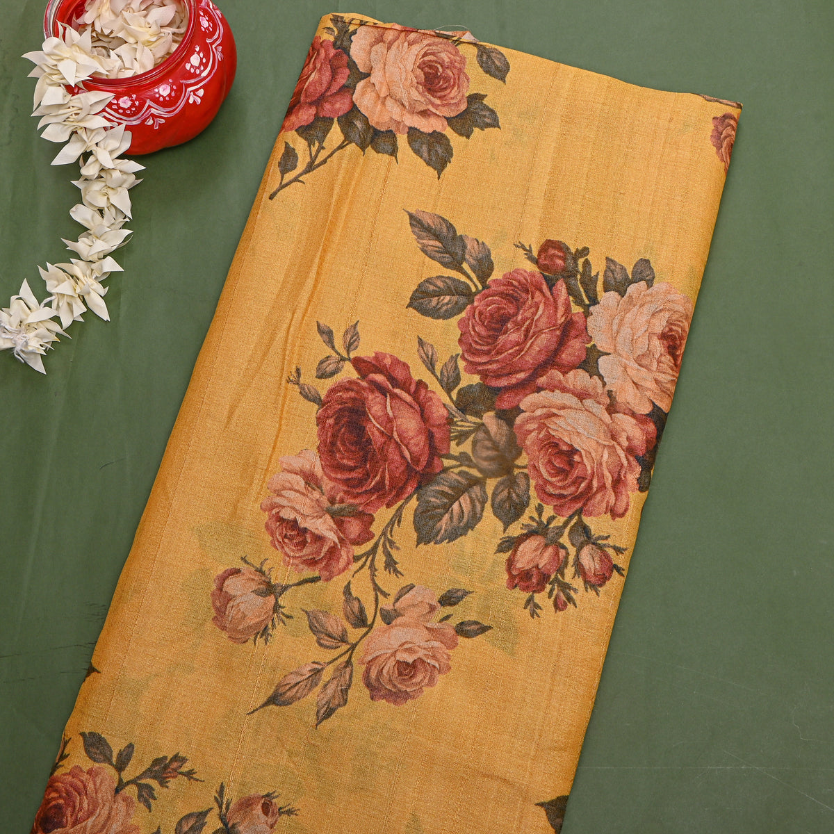 Marigold Rose Cluster Floral Digital Print Tussar Fabric