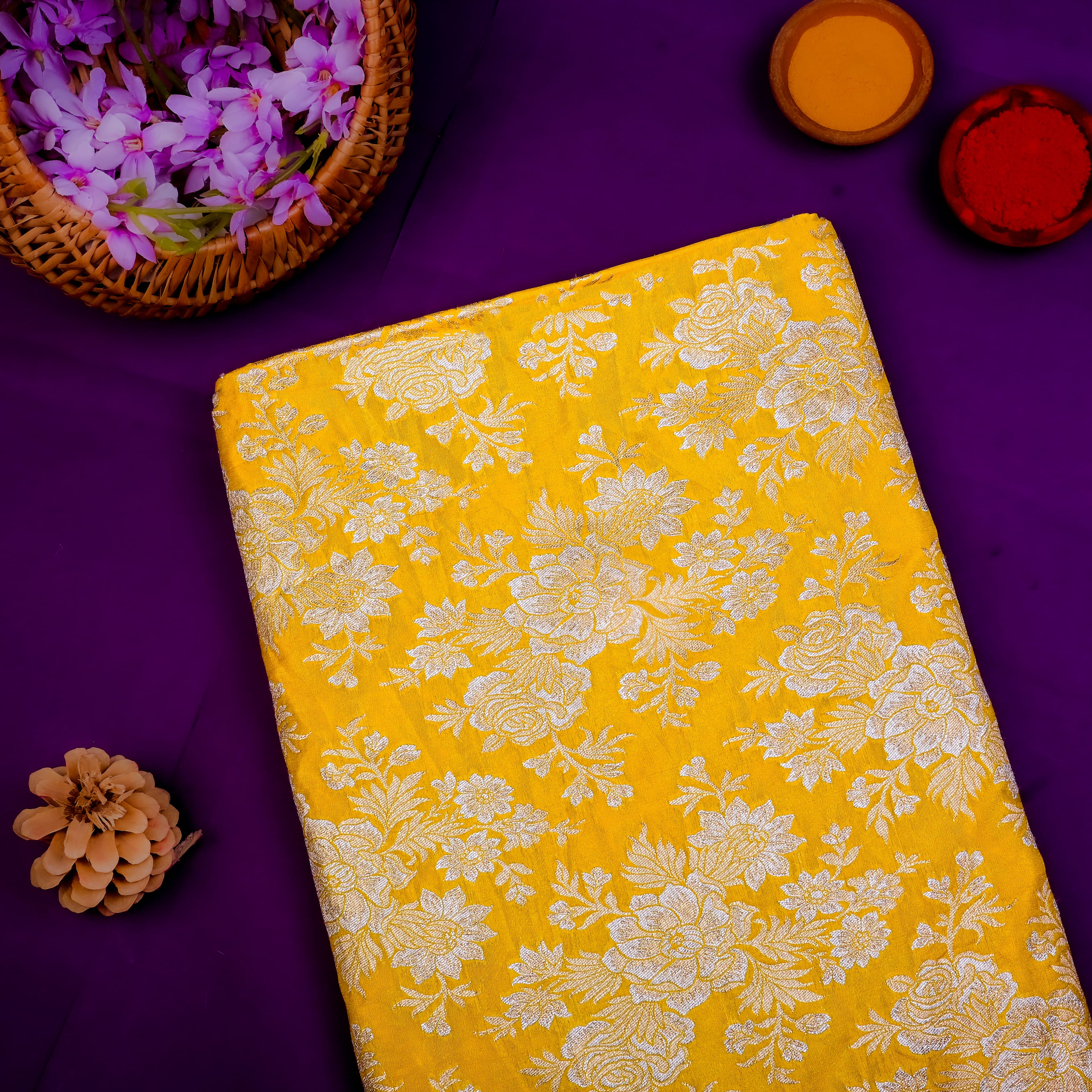 Gold Yellow Banarasi Fabric With Antique Gold Floral Pattern