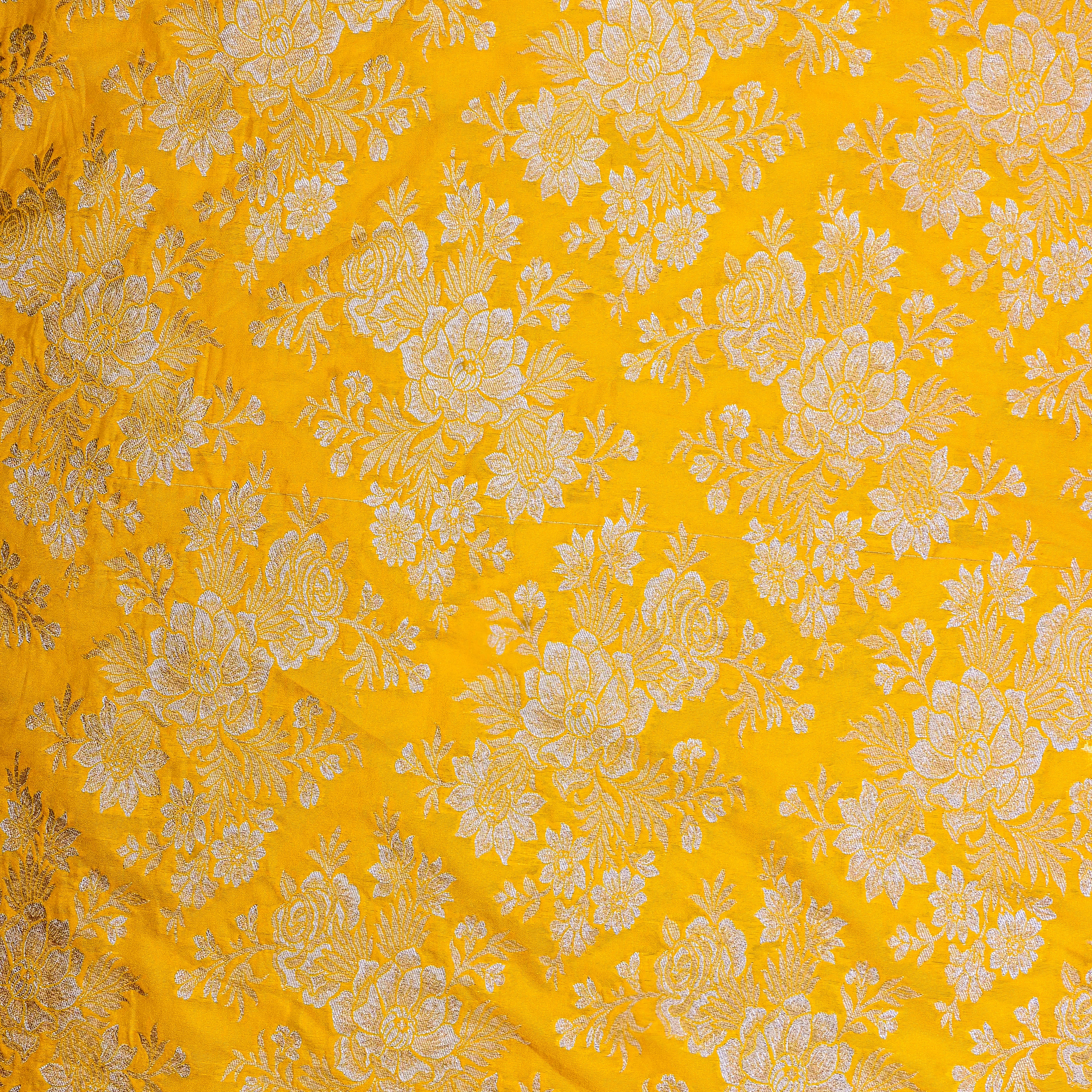 Gold Yellow Banarasi Fabric With Antique Gold Floral Pattern