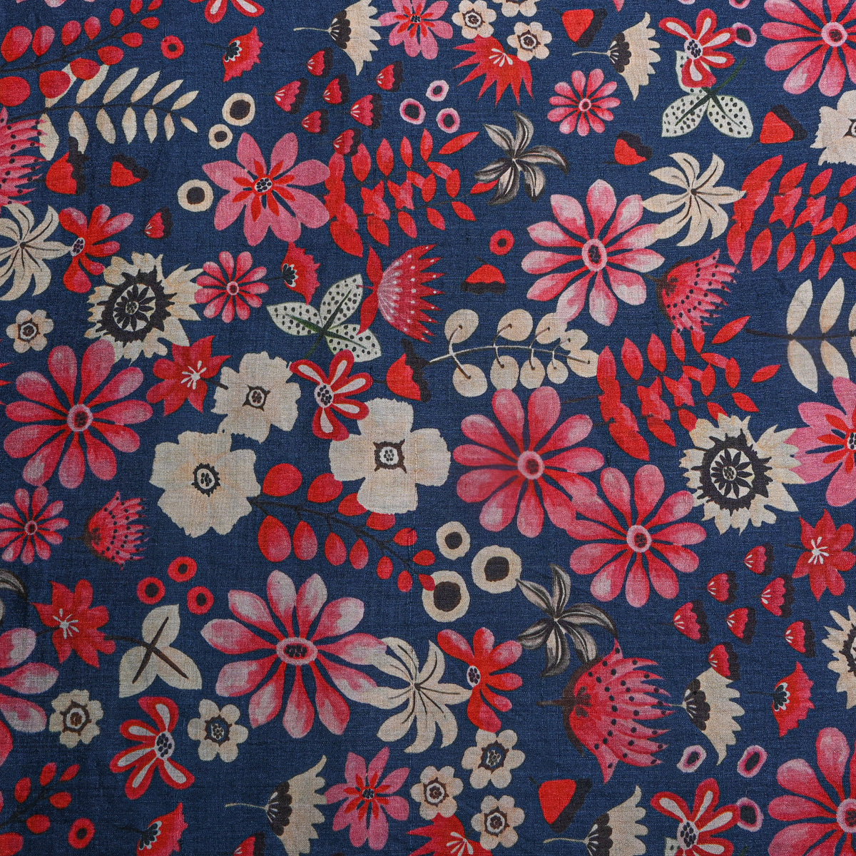 Navy Floral Print Tusser Fabric