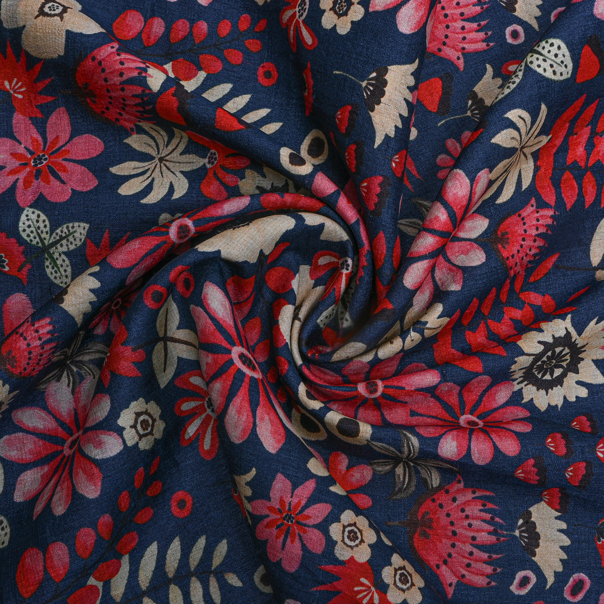 Navy Floral Print Tusser Fabric