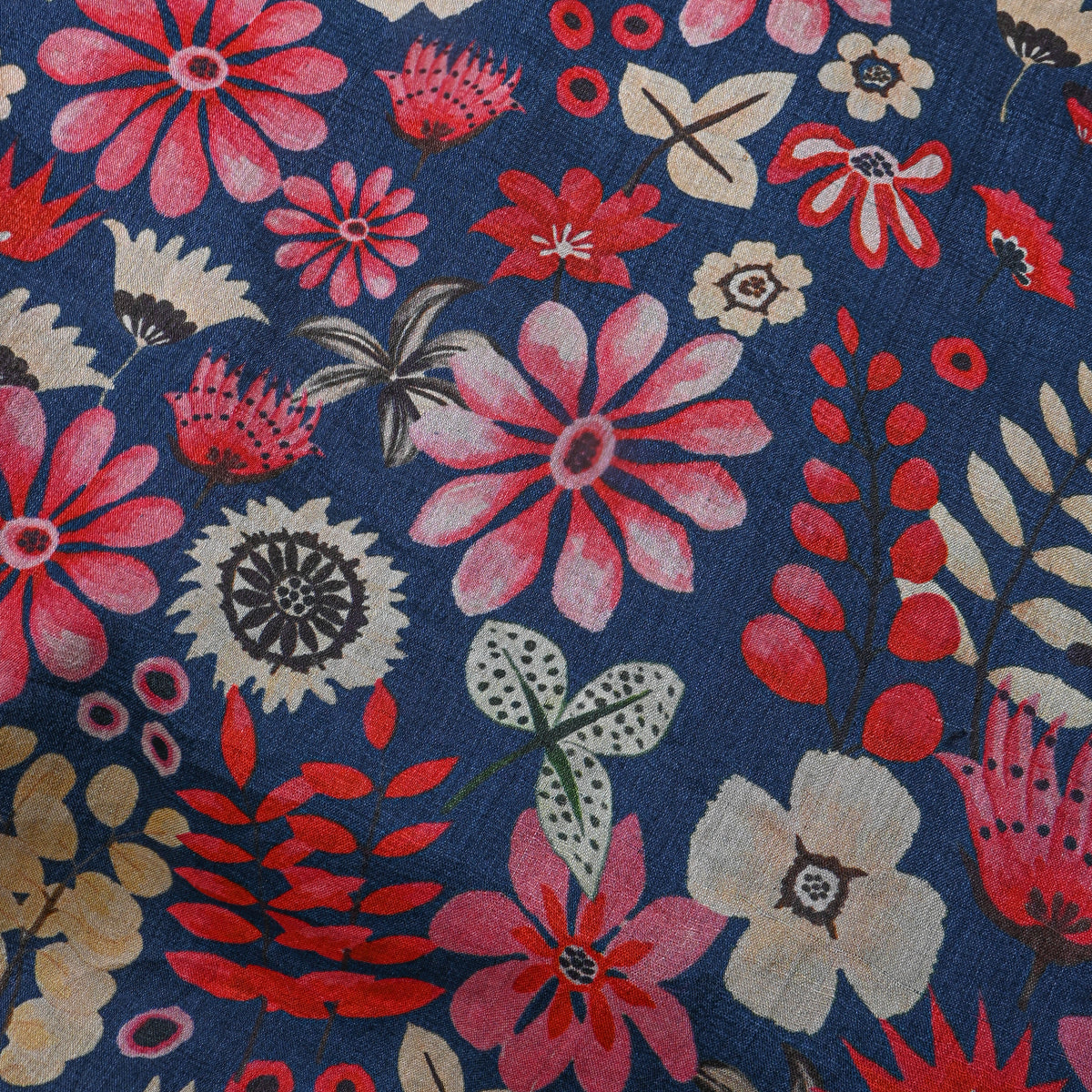 Navy Floral Print Tusser Fabric