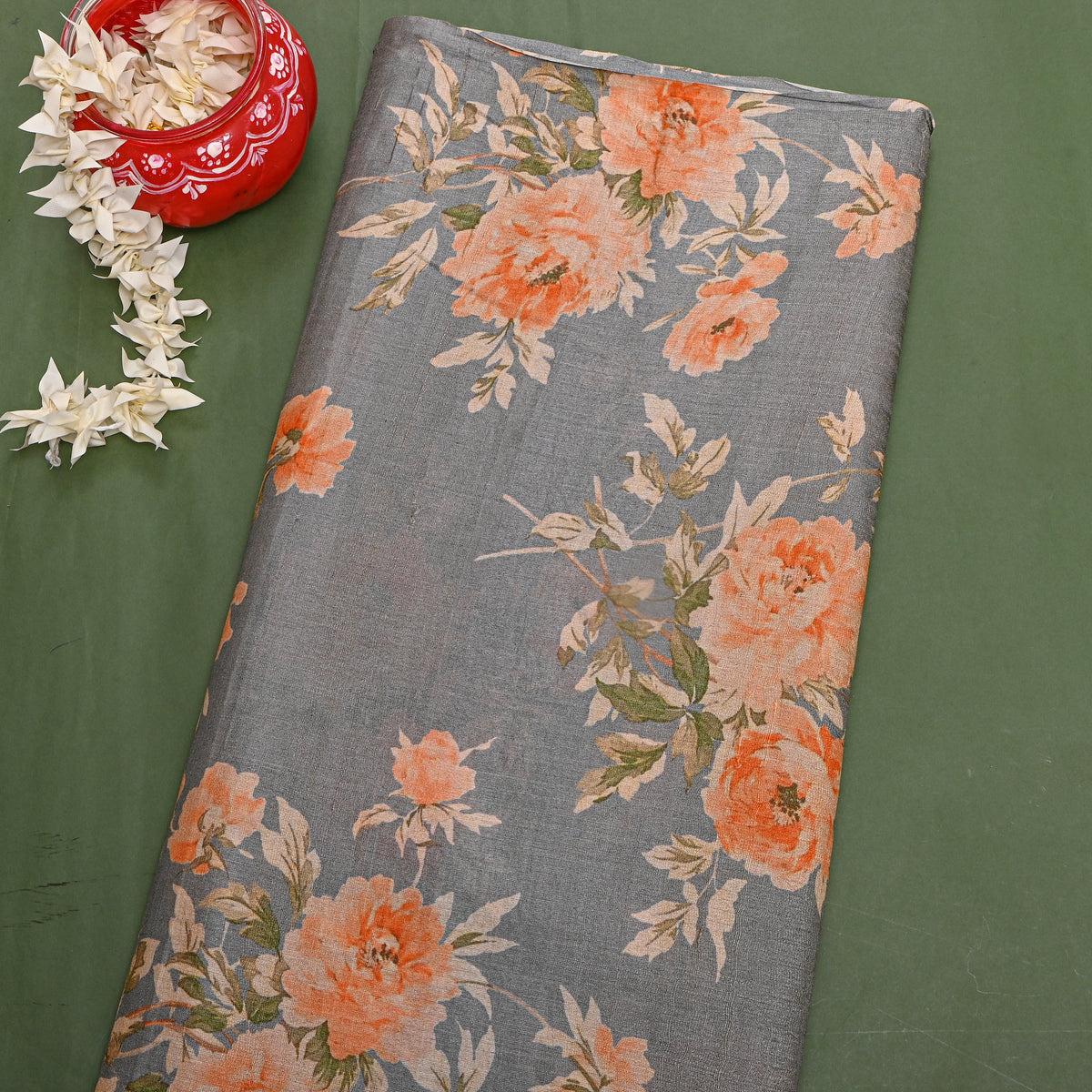 Slate Grey Peach Rose Print Tussar Silk Fabric