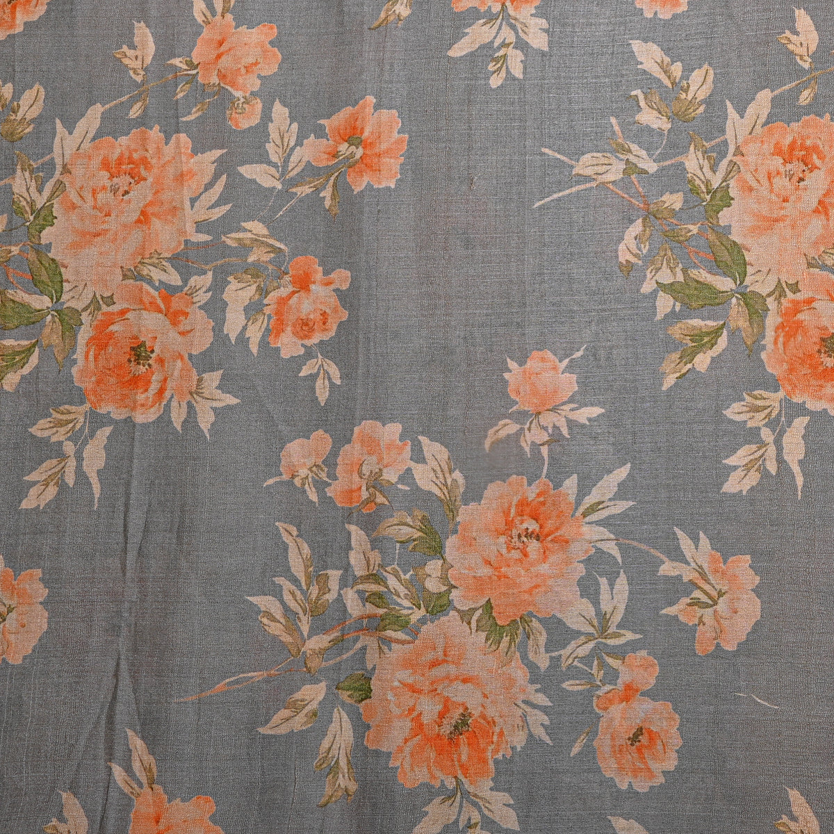 Slate Grey Peach Rose Print Tussar Silk Fabric