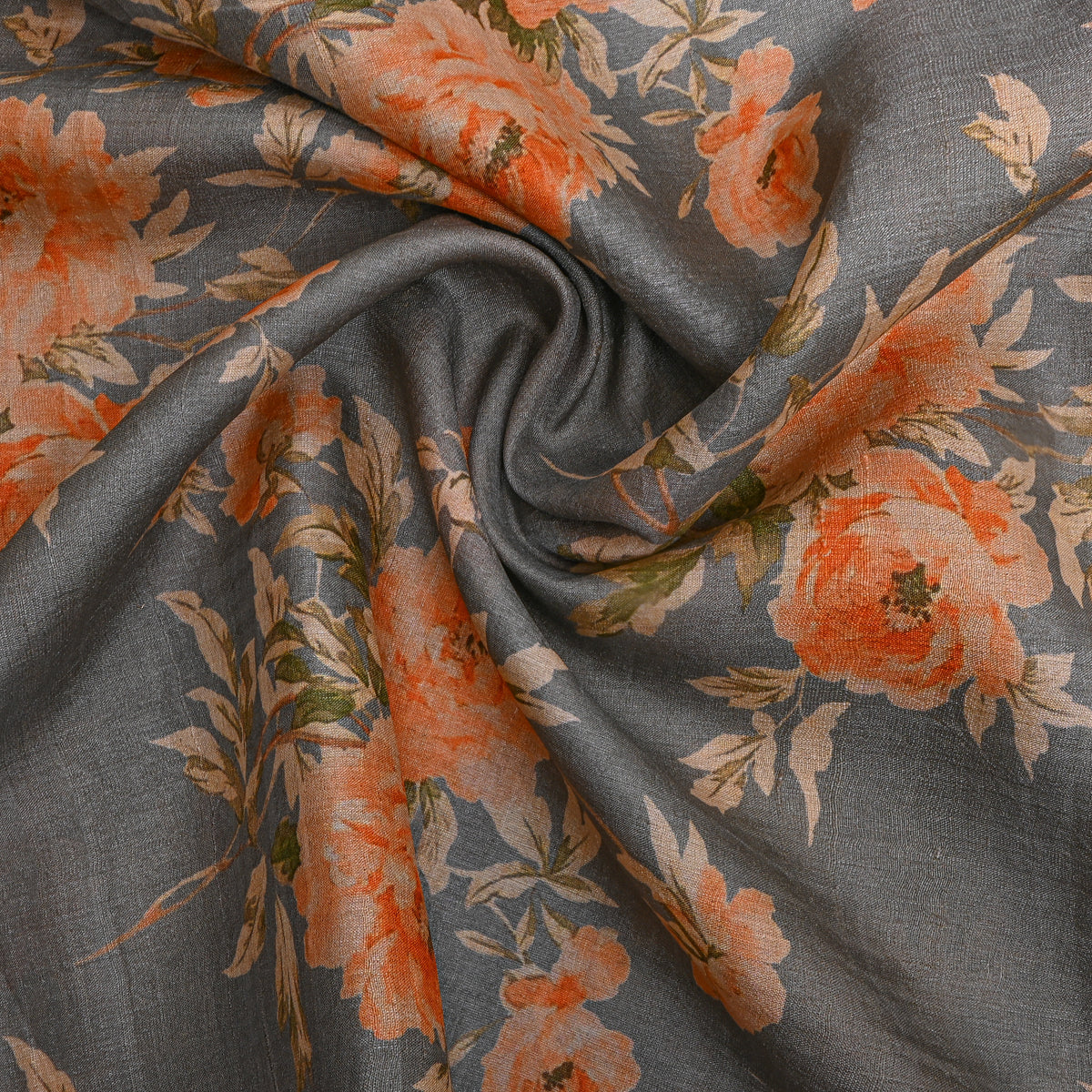 Slate Grey Peach Rose Print Tussar Silk Fabric