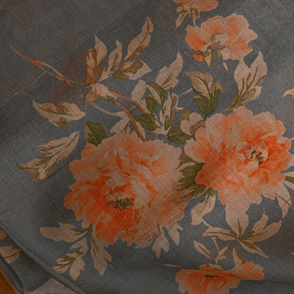 Slate Grey Peach Rose Print Tussar Silk Fabric