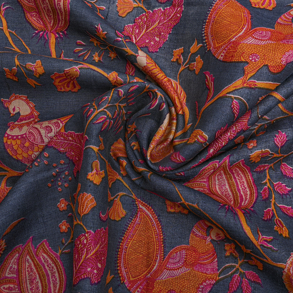 Slate Blue Bird Jaal Print Tussar Silk Fabric