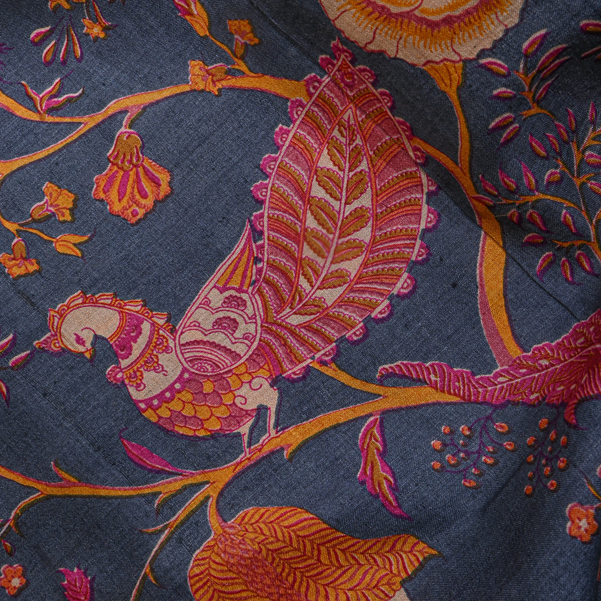 Slate Blue Bird Jaal Print Tussar Silk Fabric