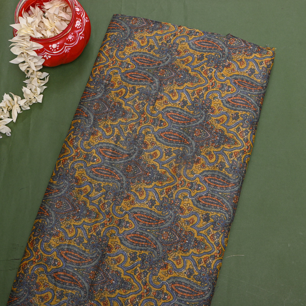 Ochre Blue Paisley Print Tussar Silk Fabric