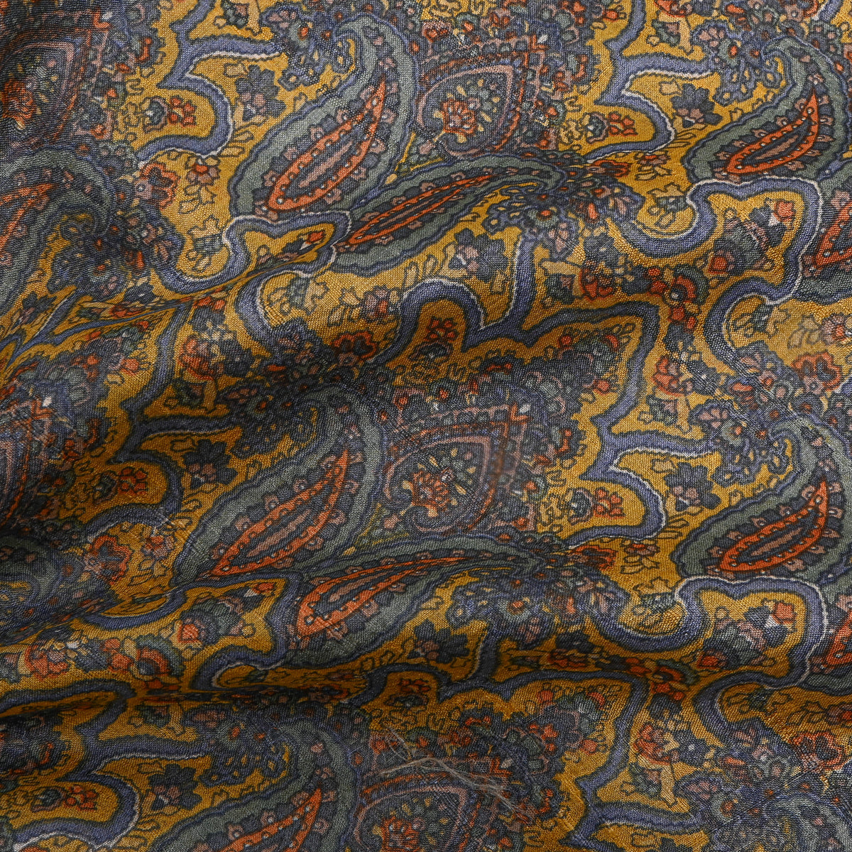 Ochre Blue Paisley Print Tussar Silk Fabric