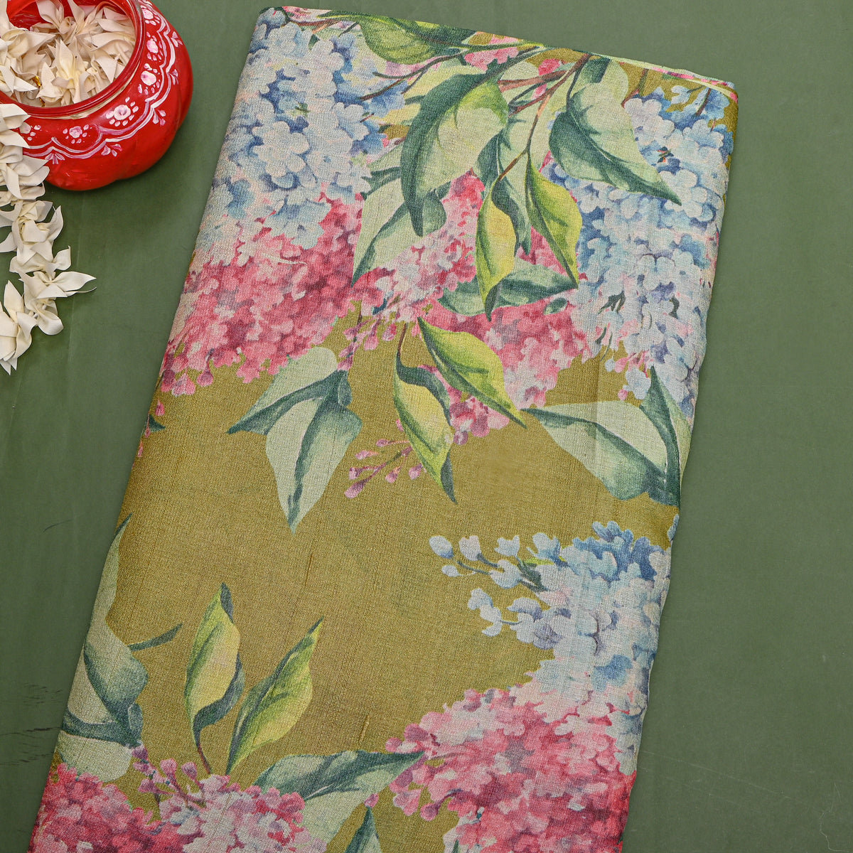 Moss Lilac Floral Digital Print Tussar Fabric