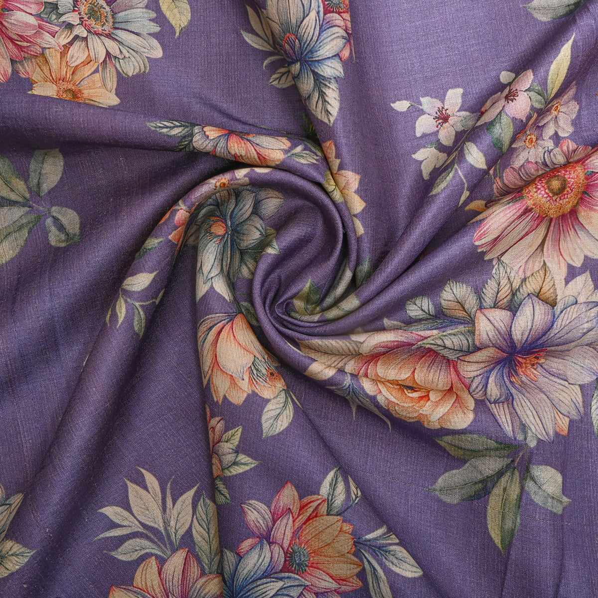 Periwinkle Pastel Floral Digital Print Tussar Fabric