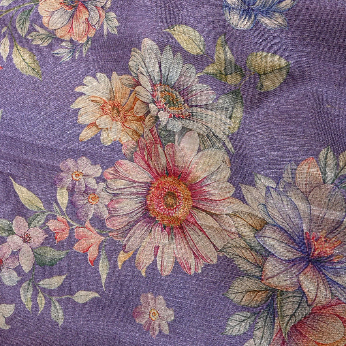 Periwinkle Pastel Floral Digital Print Tussar Fabric