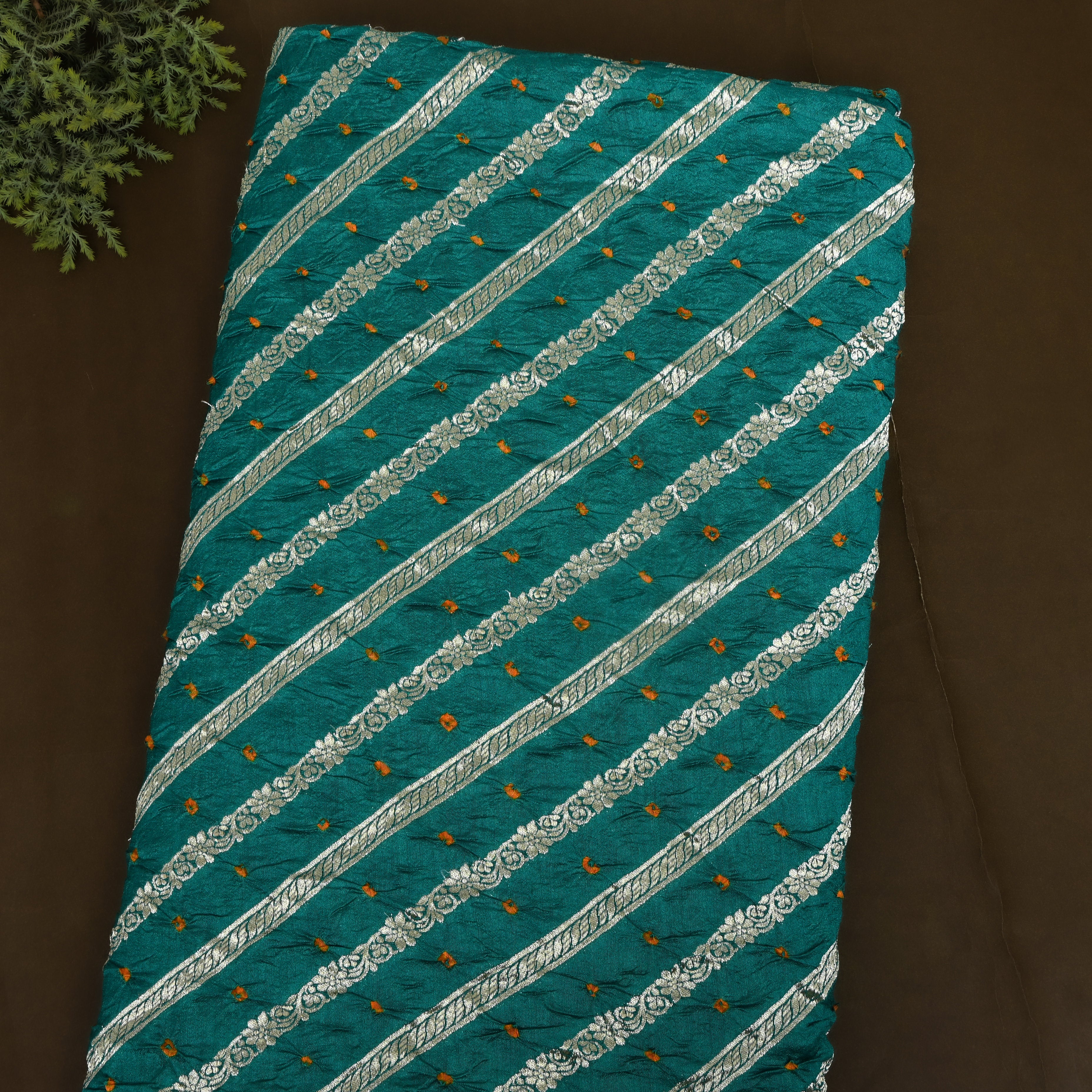 Teal Diagonal Stripe Handloom Bandhani