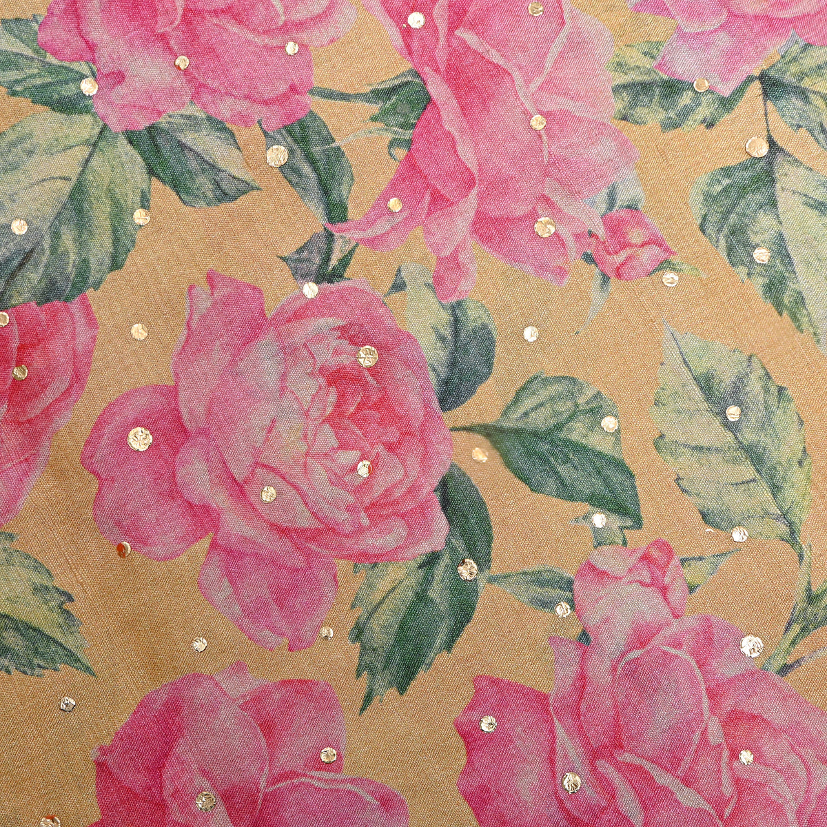 Butter Yellow And Pink Rose Floral Digital Print Tussar Fabric