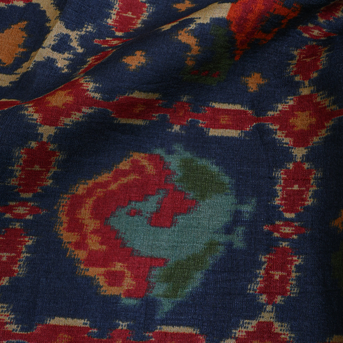 Indigo Blue Ikat Style Bird And Fish Motif Digital Print Cotton Fabric
