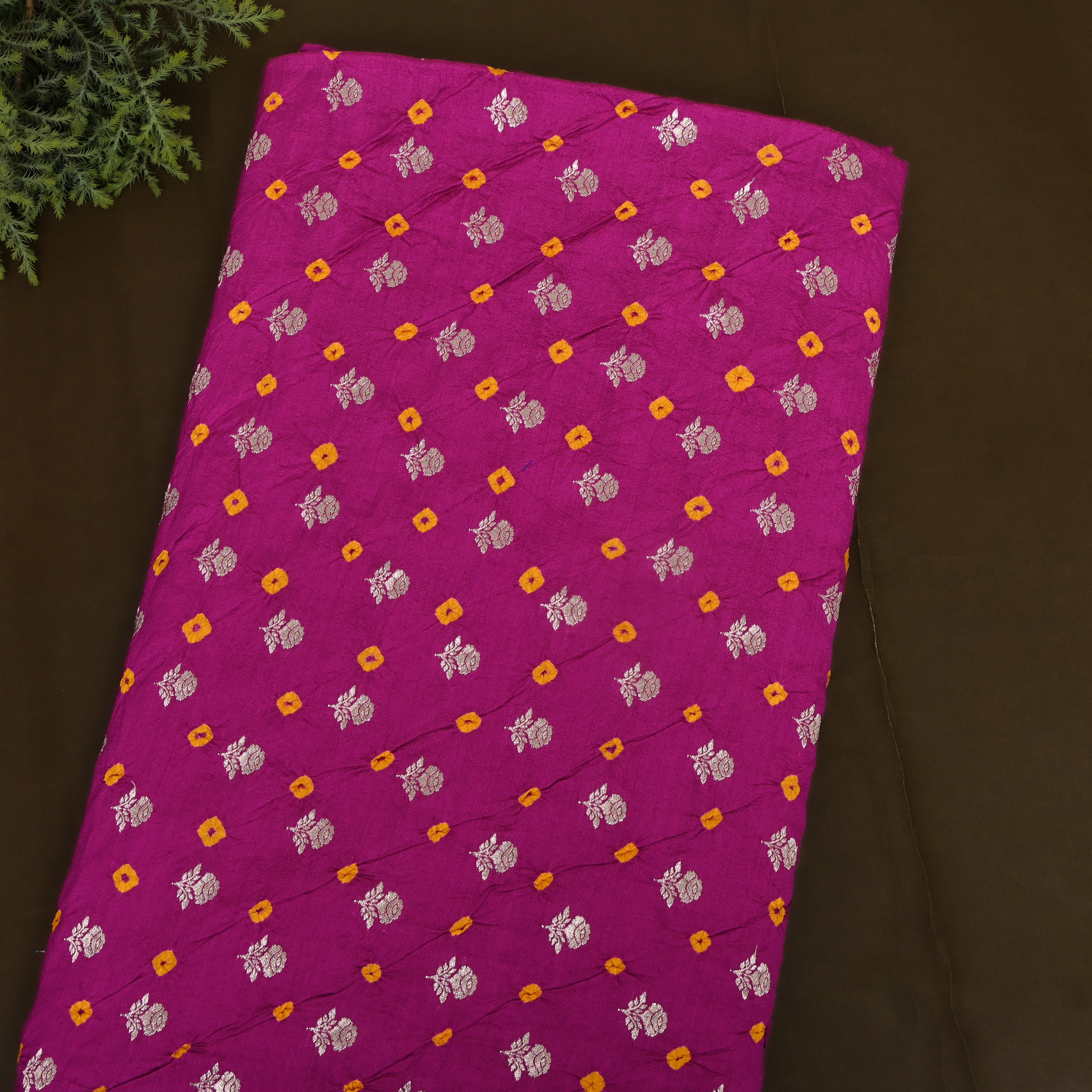 Magenta Purple Silver Zari Rose Butti Bandhani Silk Fabric
