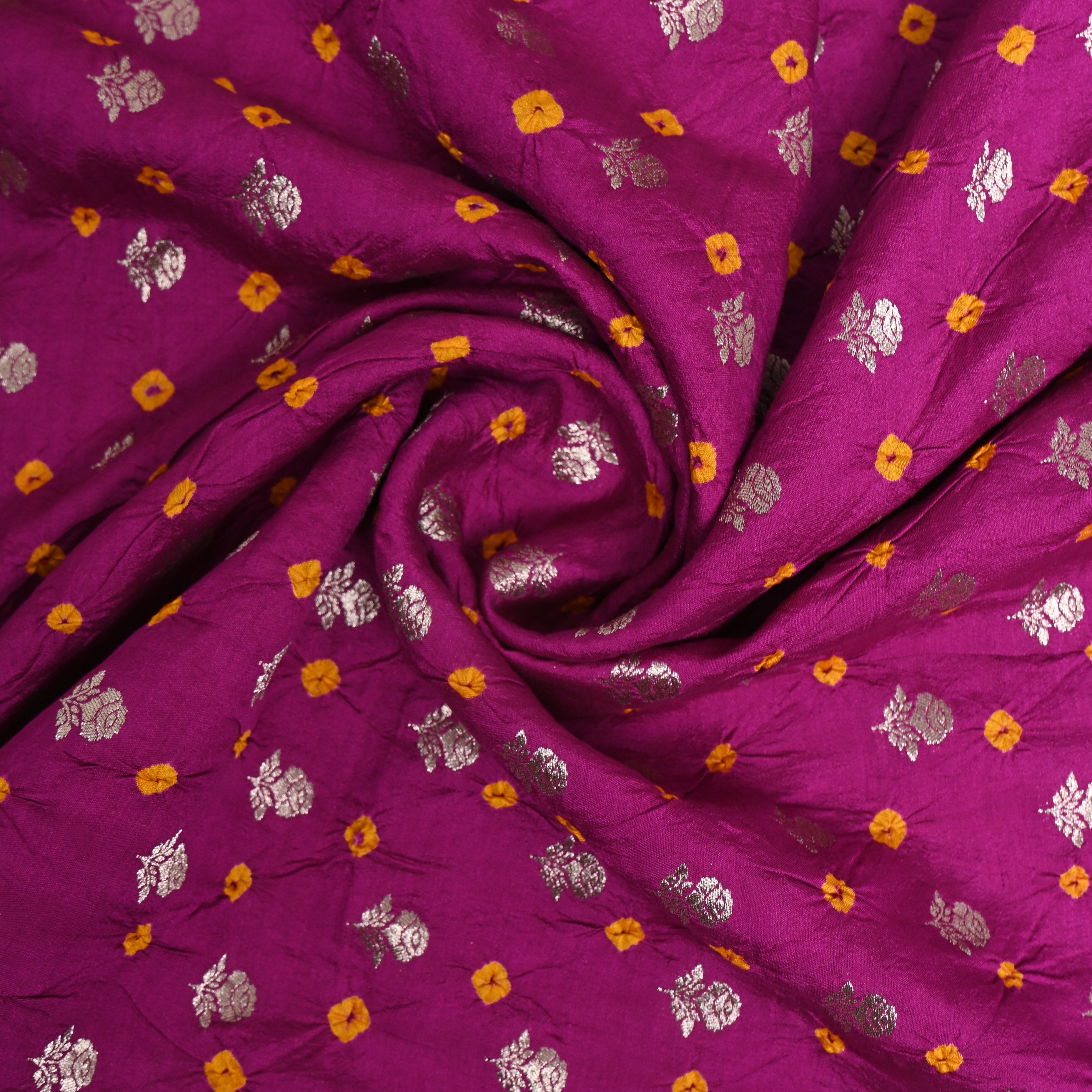 Magenta Purple Silver Zari Rose Butti Bandhani Silk Fabric