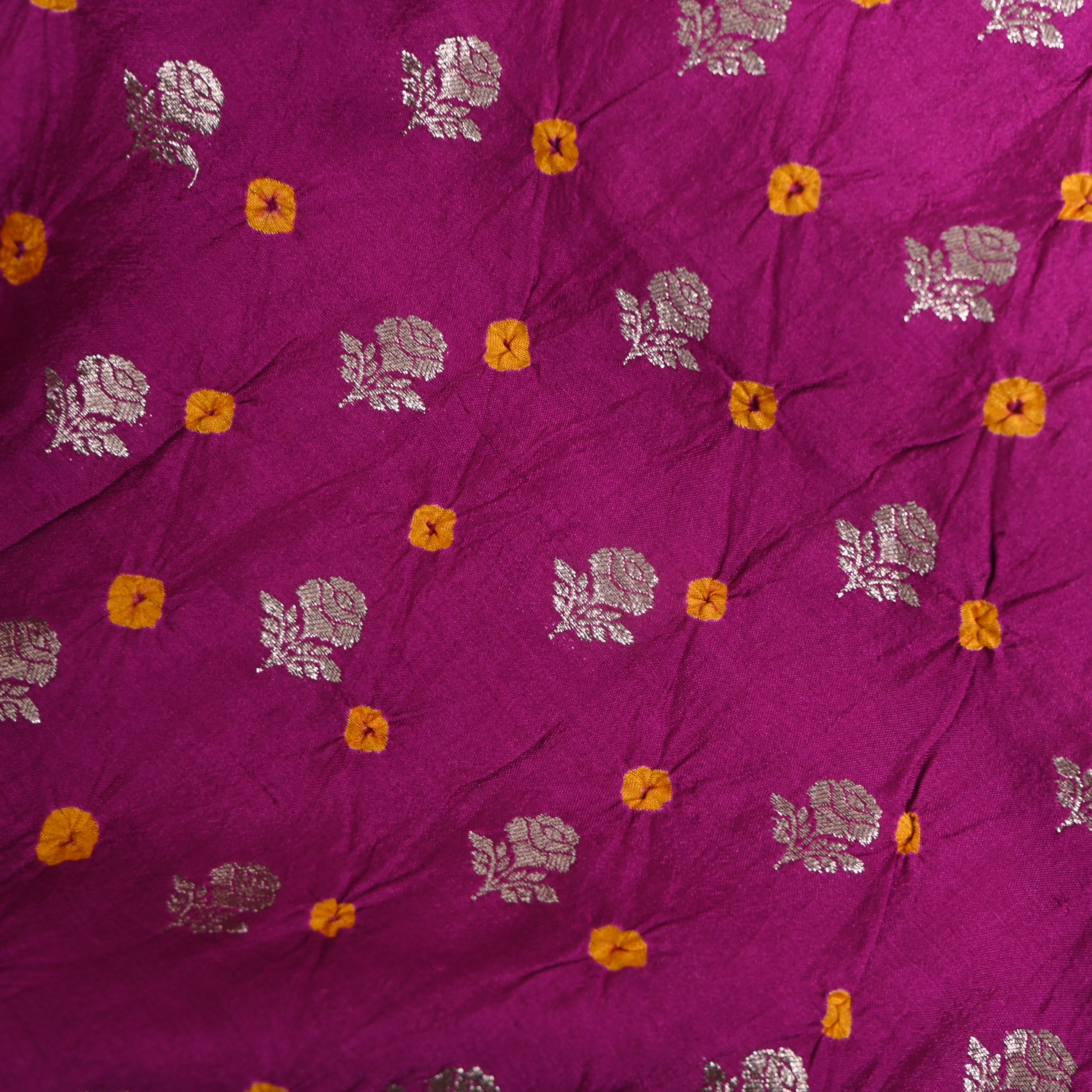 Magenta Purple Silver Zari Rose Butti Bandhani Silk Fabric