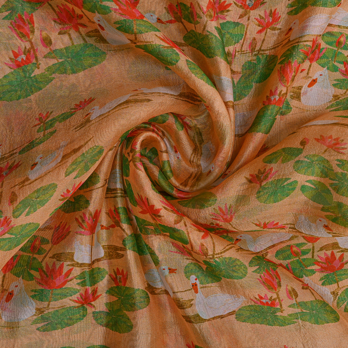 Light Besige Duck Pond Lotus Print Silk Fabric