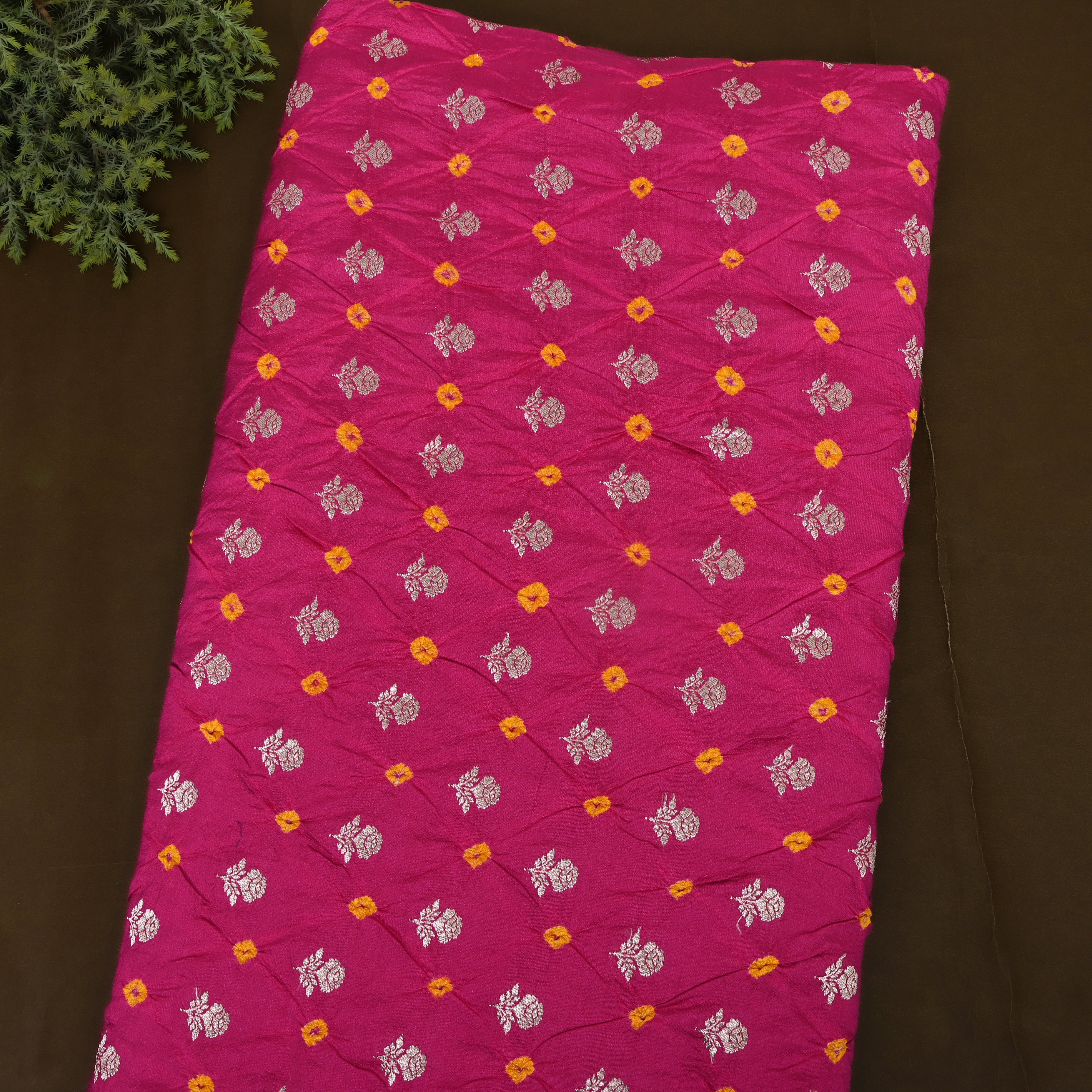 Fuchsia Pink Silver Rose Butti Bandhani Silk Fabric