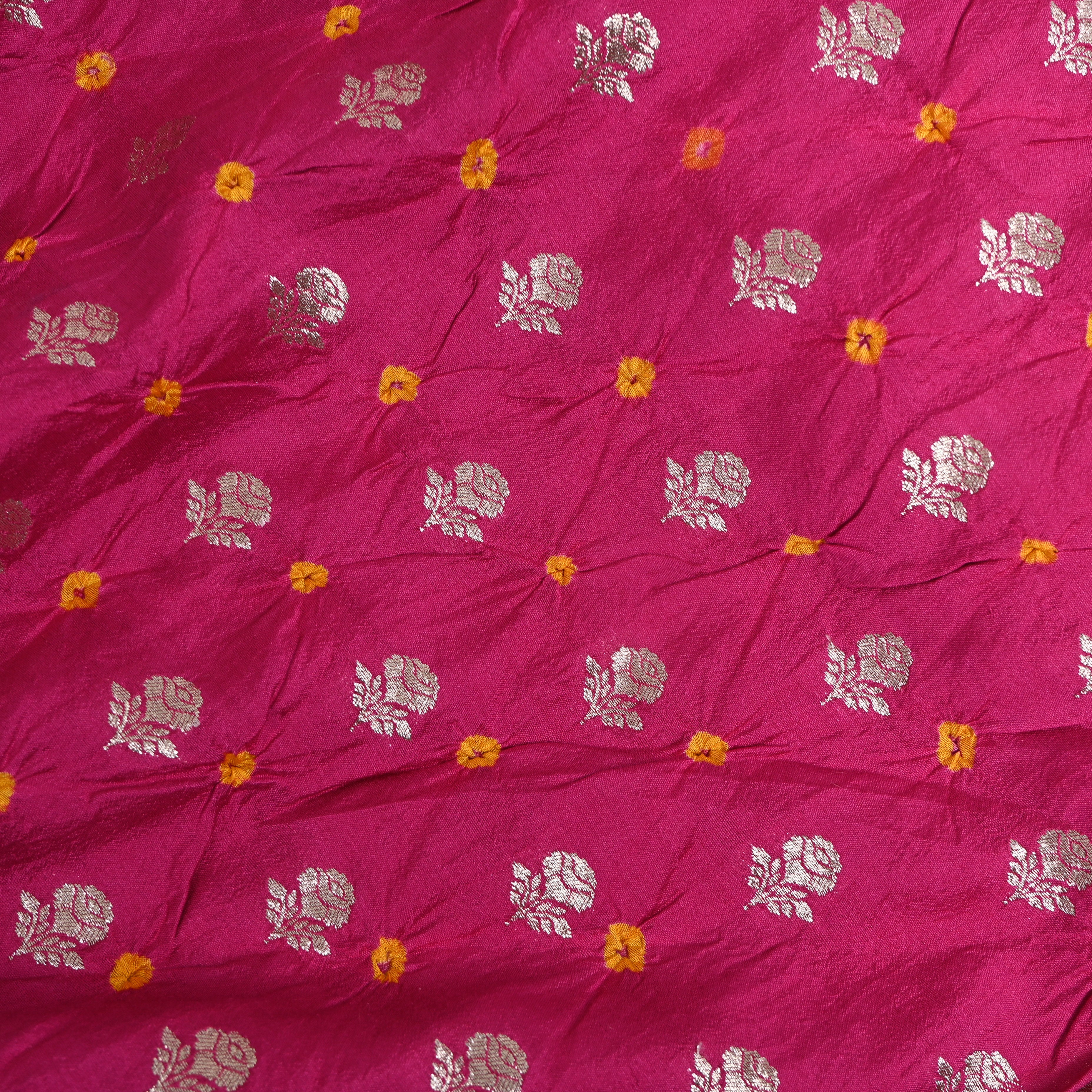Fuchsia Pink Silver Rose Butti Bandhani Silk Fabric