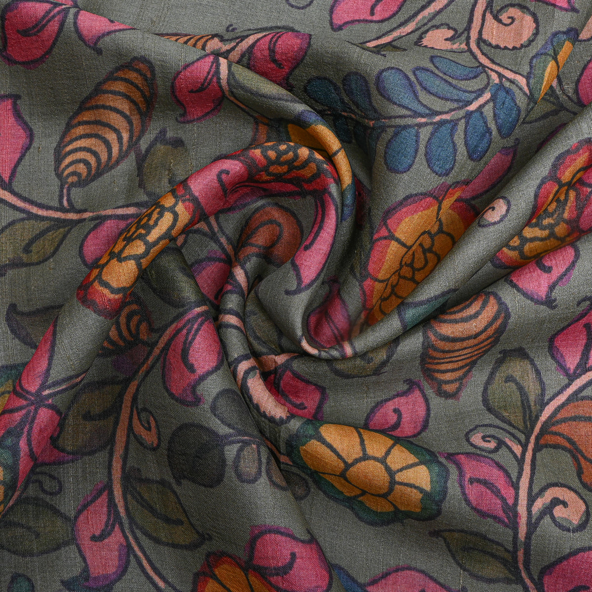 Slate Floral Digital Print Tussar Fabric