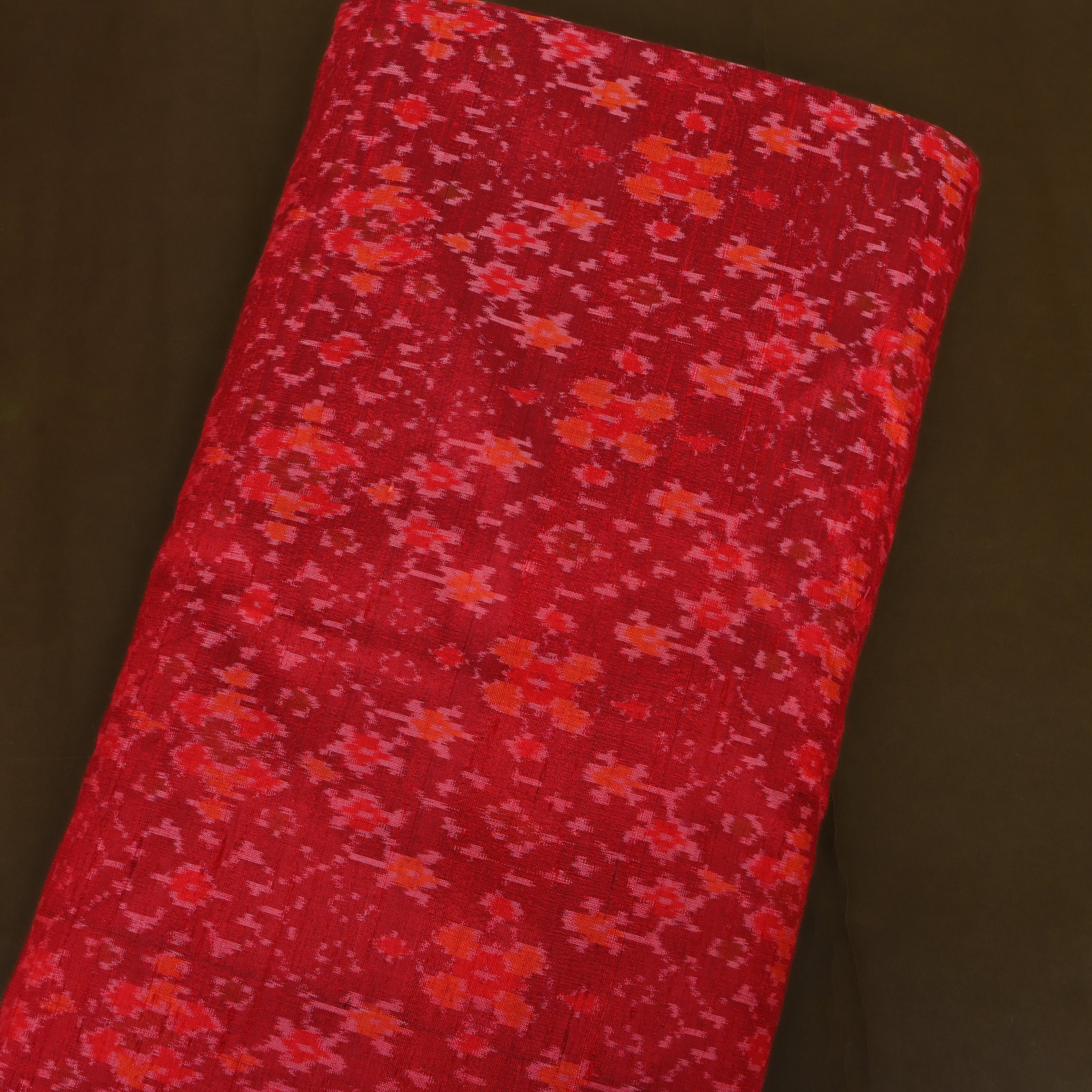 Rich Red Dupion Silk With Dense Ikat Weave Pattern