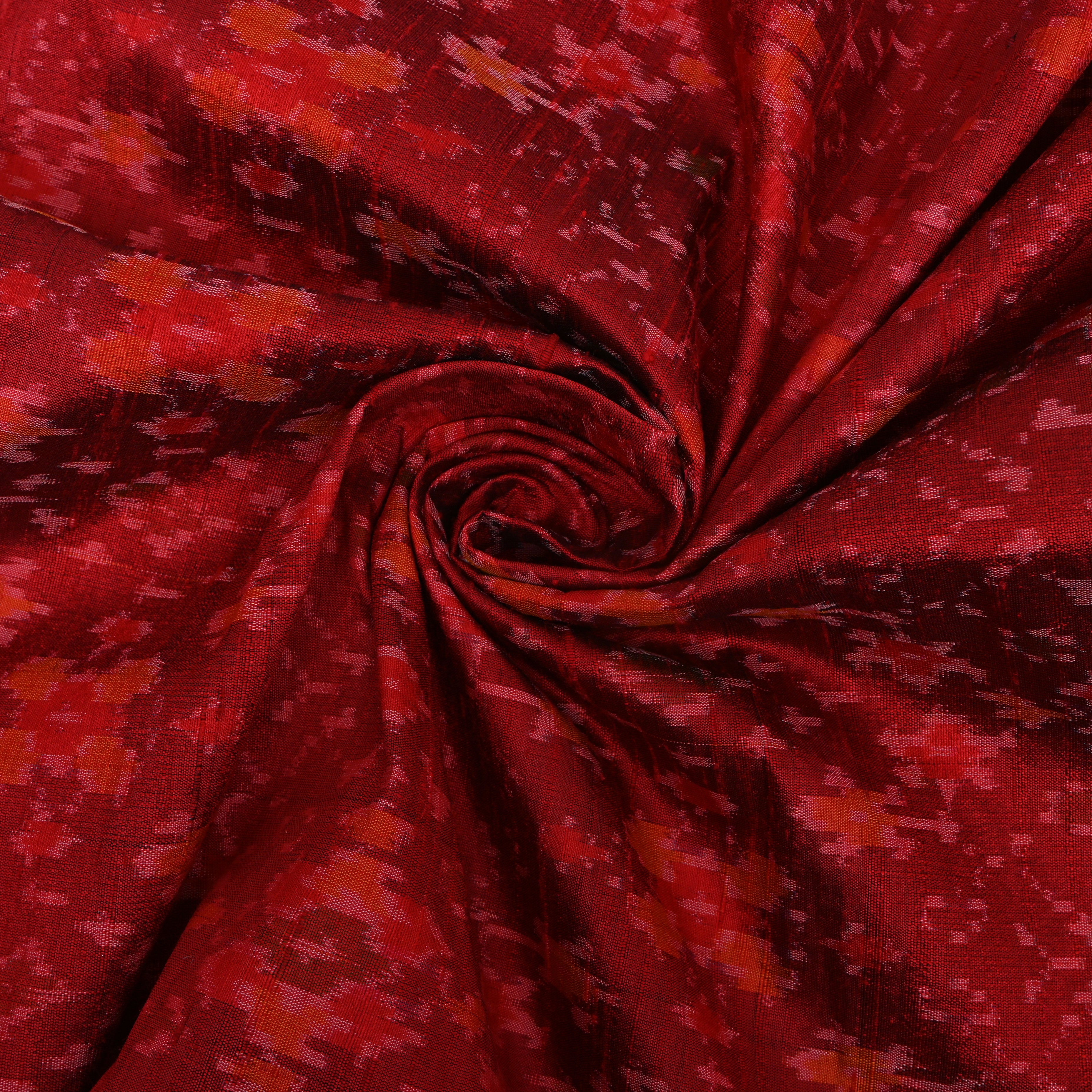 Rich Red Dupion Silk With Dense Ikat Weave Pattern