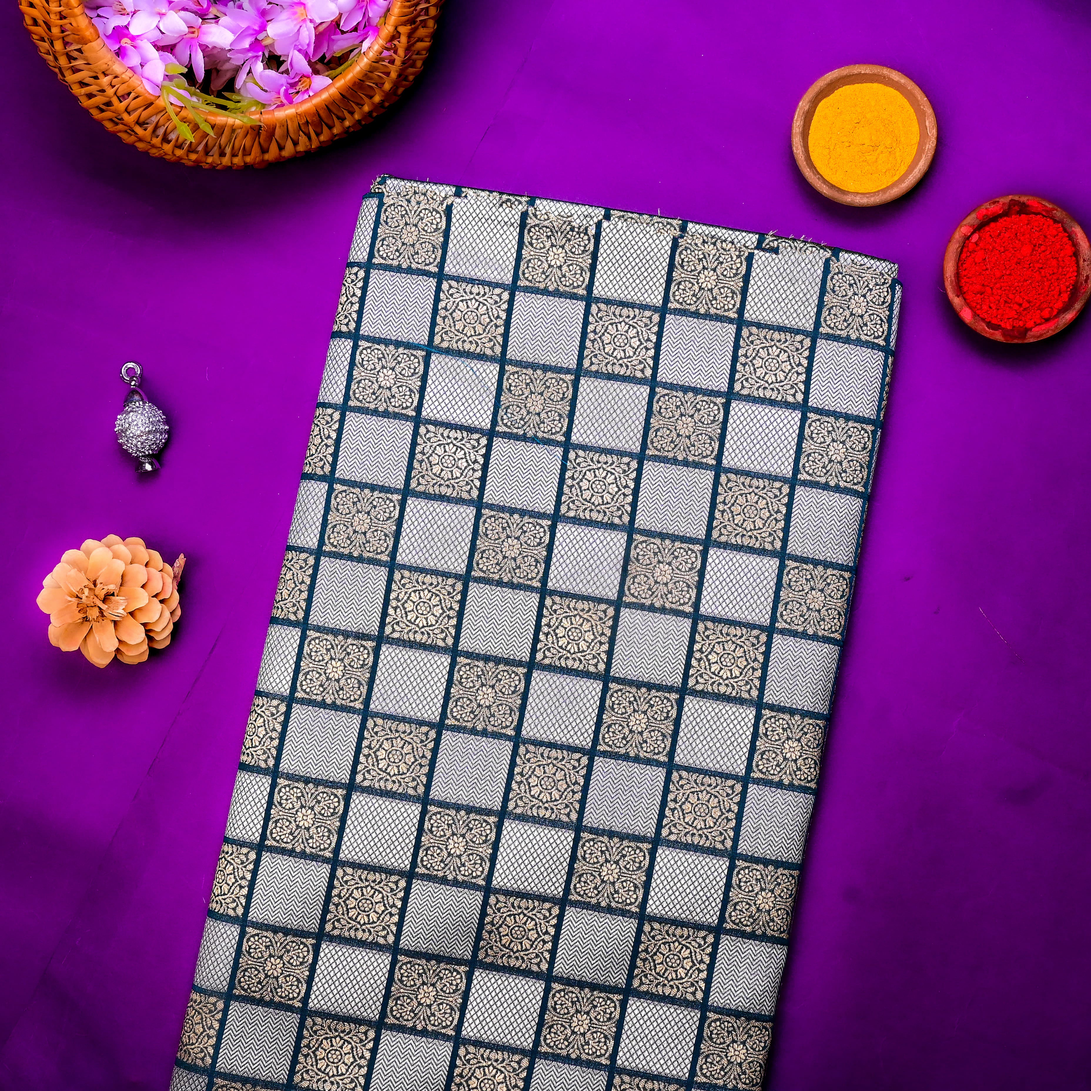 St Patrick'S Blue Banarasi Fabric With Checked Pattern
