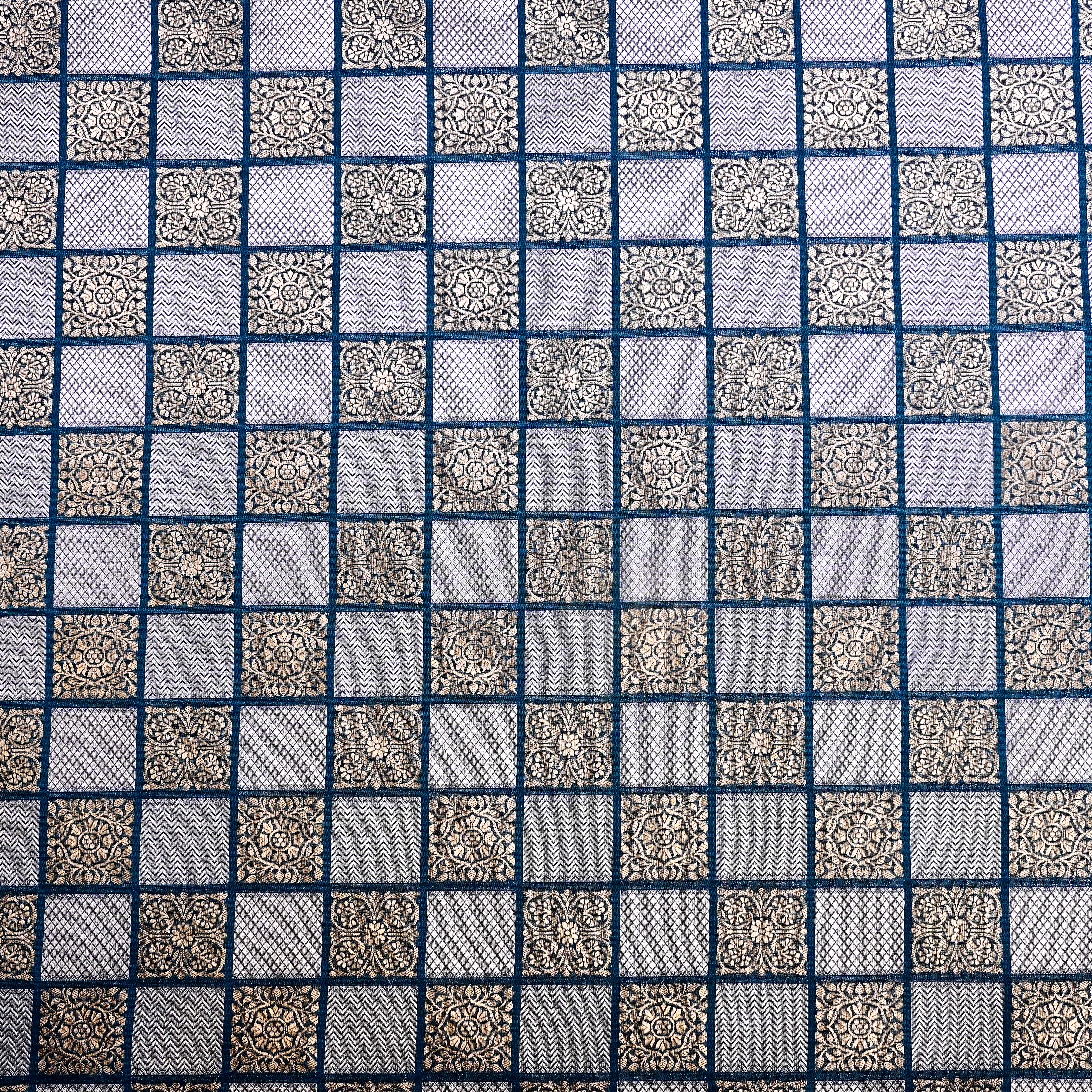 St Patrick'S Blue Banarasi Fabric With Checked Pattern