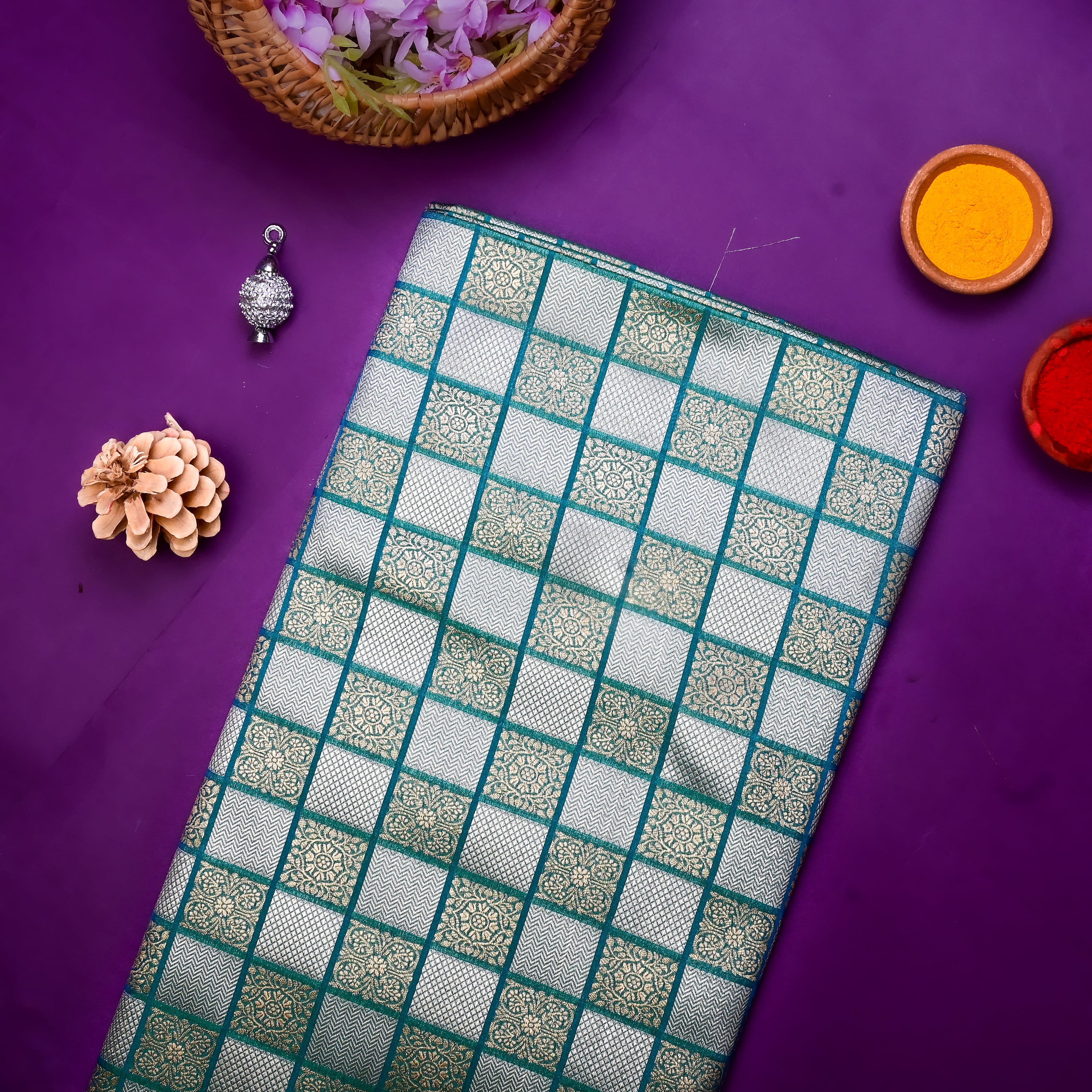 Shamrock Green Banarasi Fabric With Checked Pattern
