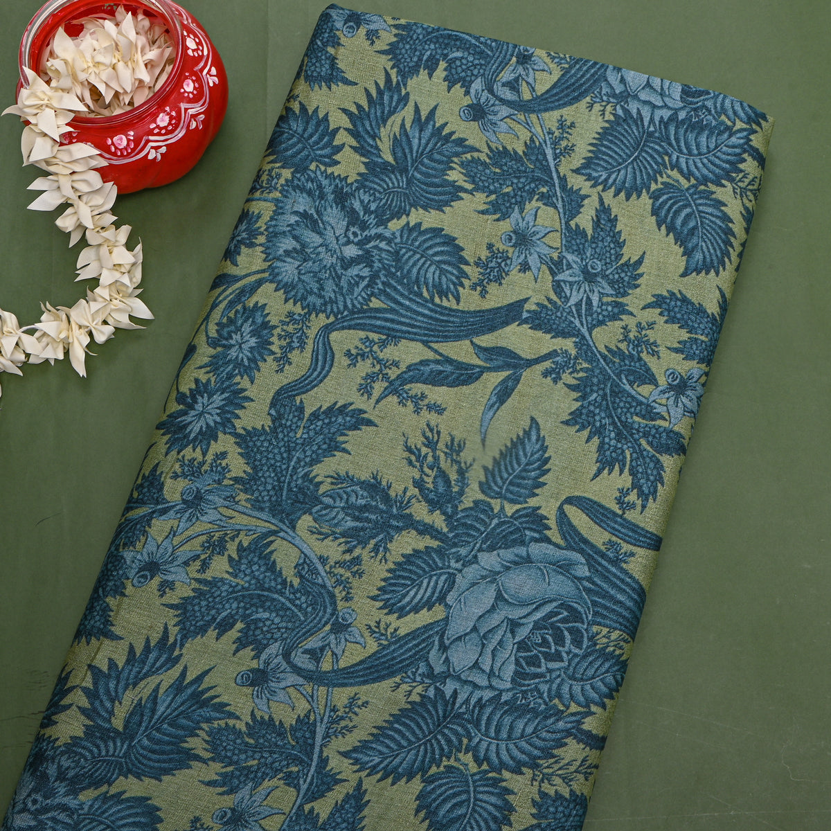 Laurel Teal Leafy Floral Digital Print Tussar Fabric