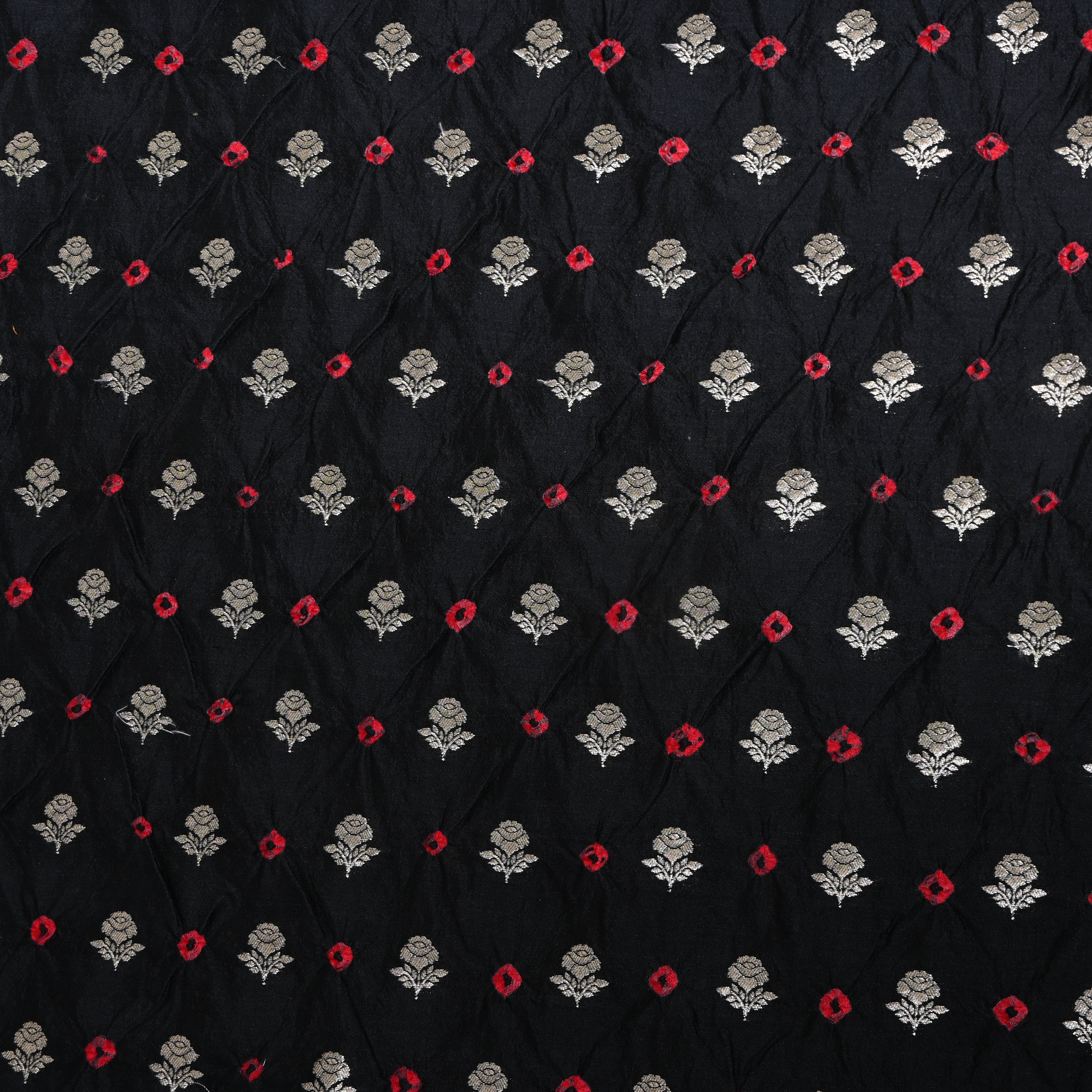 Jet Black Silver Rose Butti Bandhani Silk Fabric