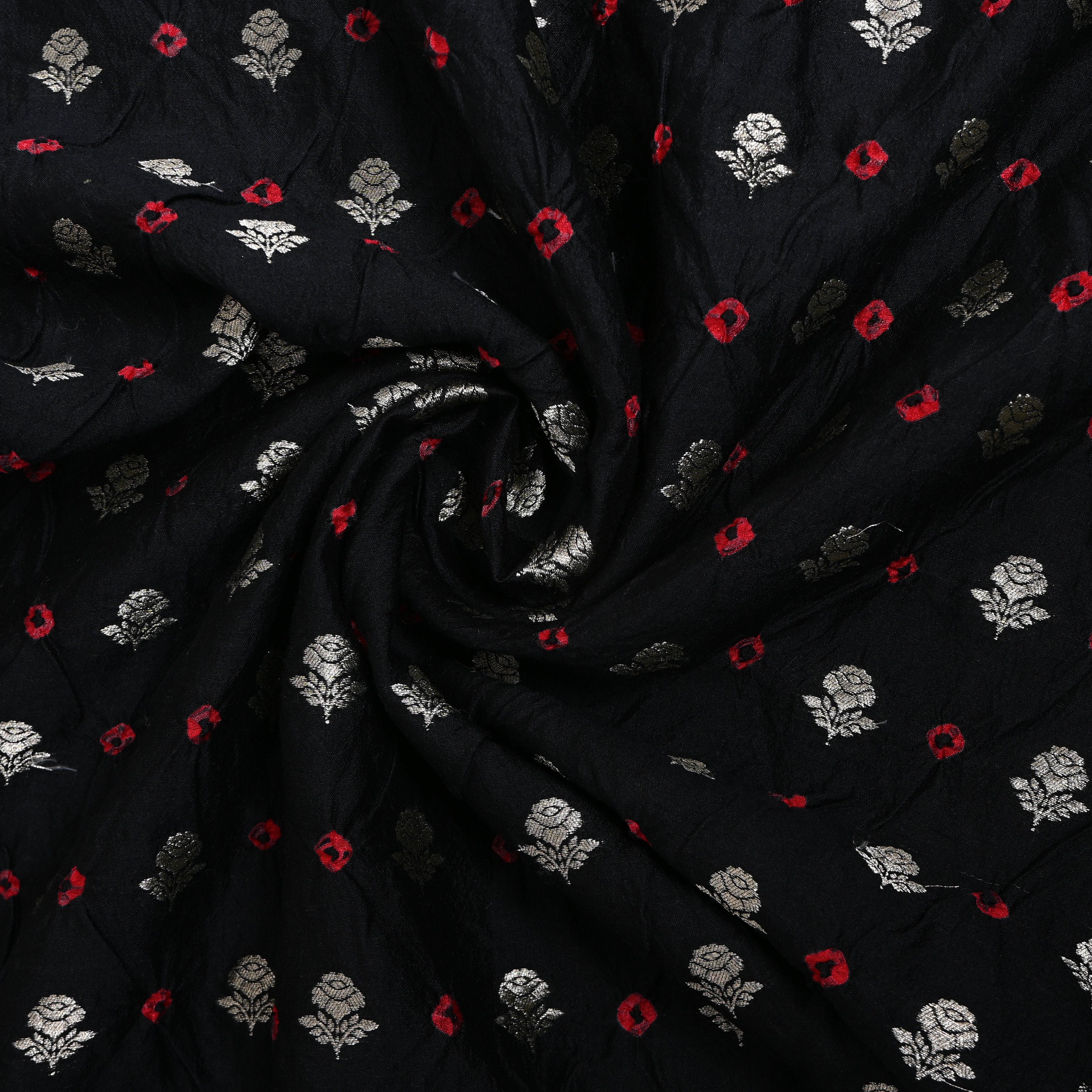 Jet Black Silver Rose Butti Bandhani Silk Fabric