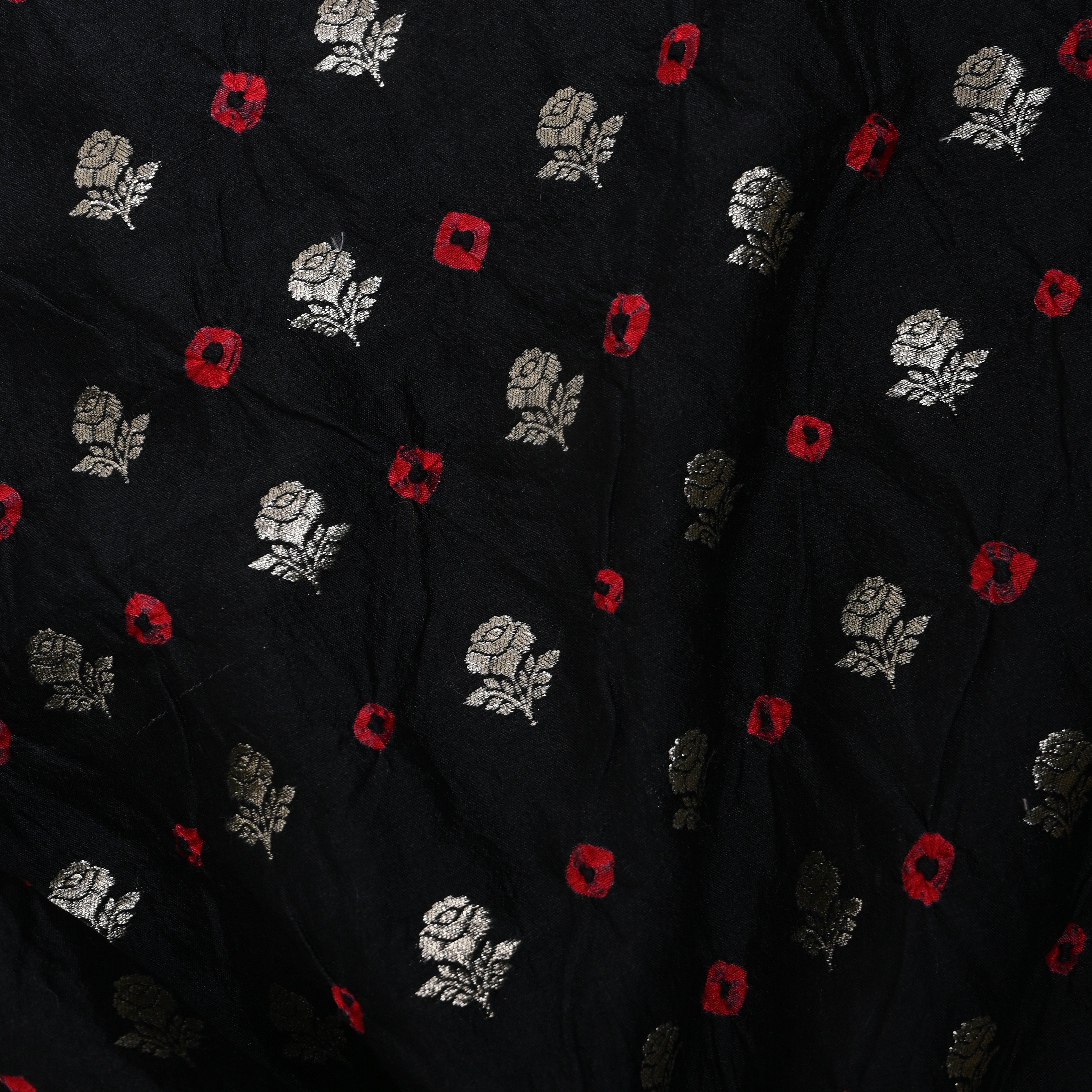 Jet Black Silver Rose Butti Bandhani Silk Fabric