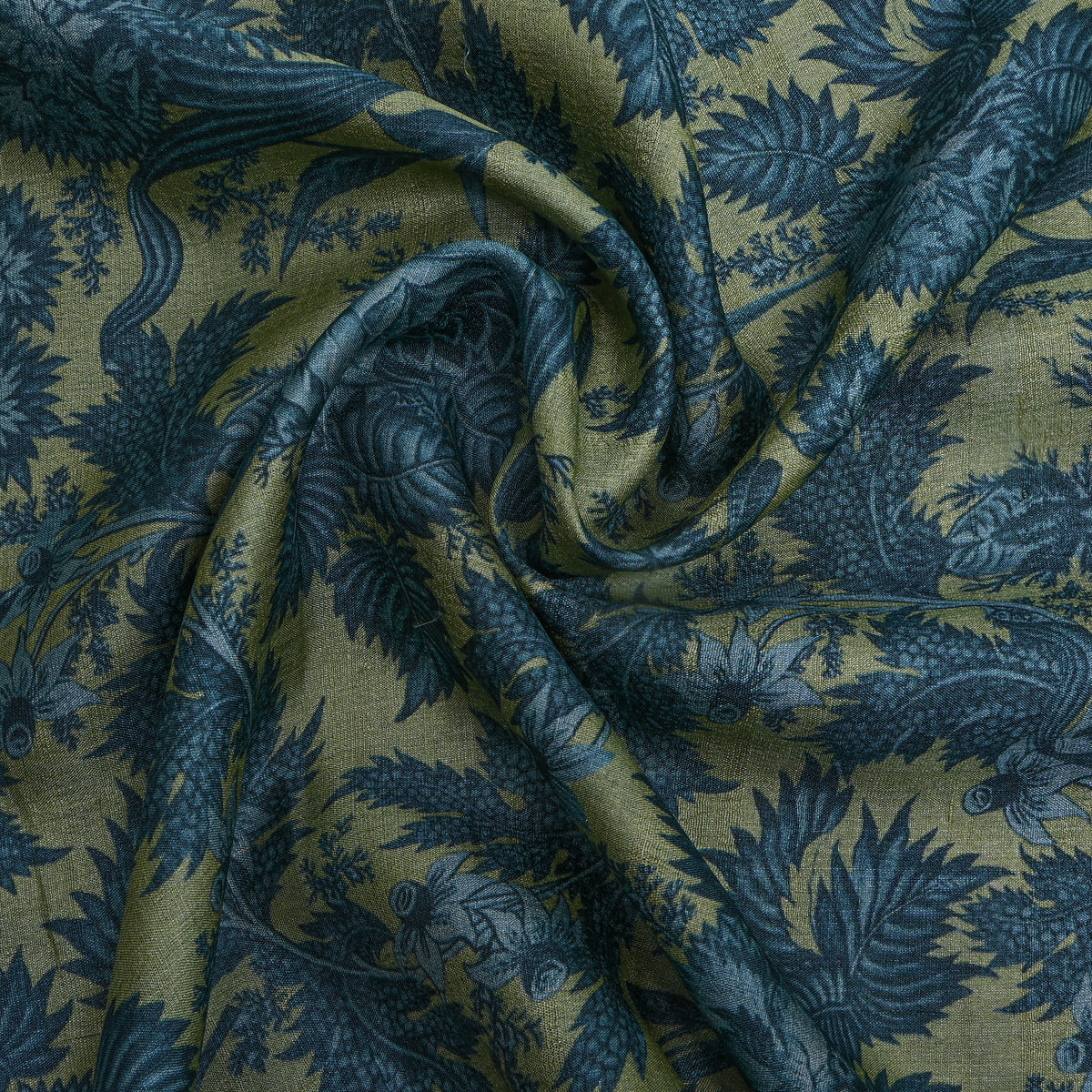 Laurel Teal Leafy Floral Digital Print Tussar Fabric