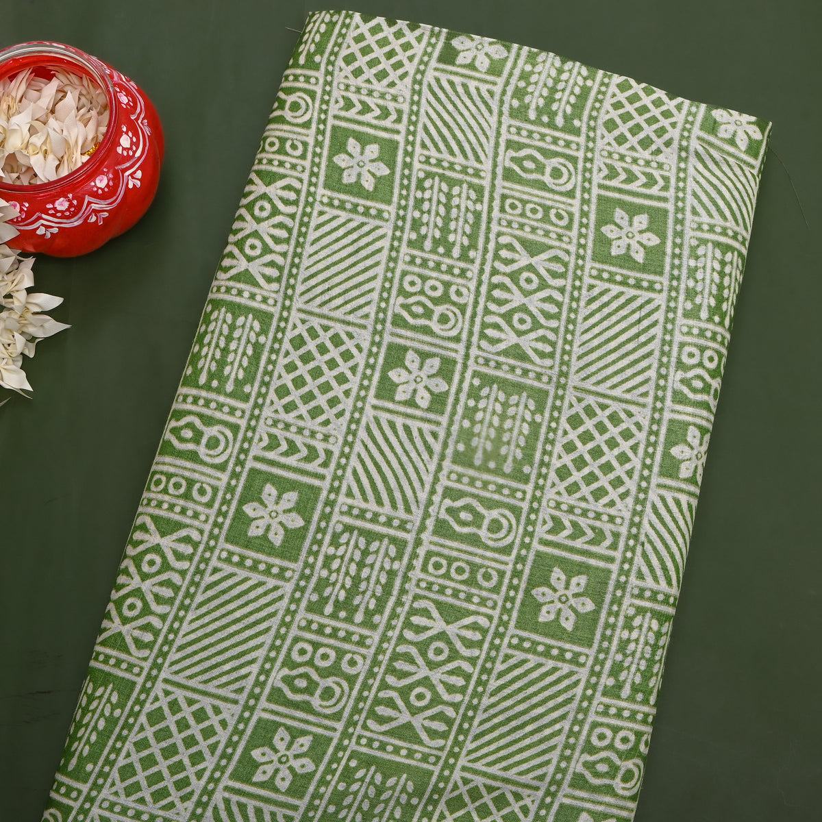 Parrot Green Block Pattern Print TussarFabric