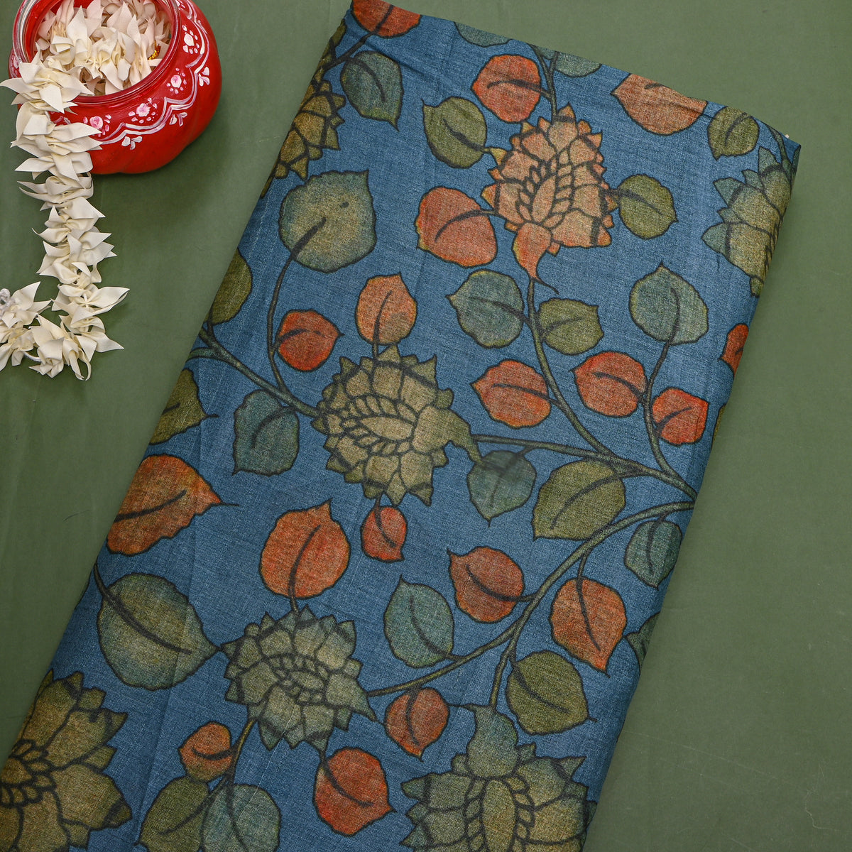 Denim Floral Leaf Digital Print Tussar Fabric