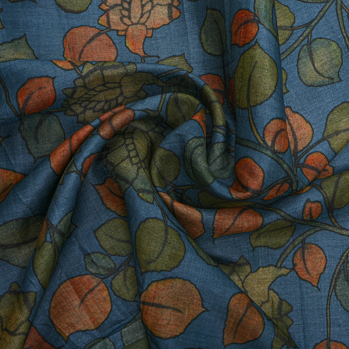 Denim Floral Leaf Digital Print Tussar Fabric