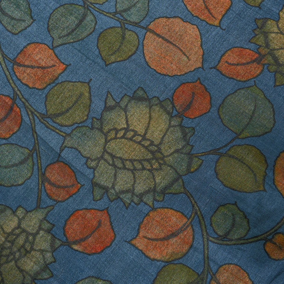 Denim Floral Leaf Digital Print Tussar Fabric