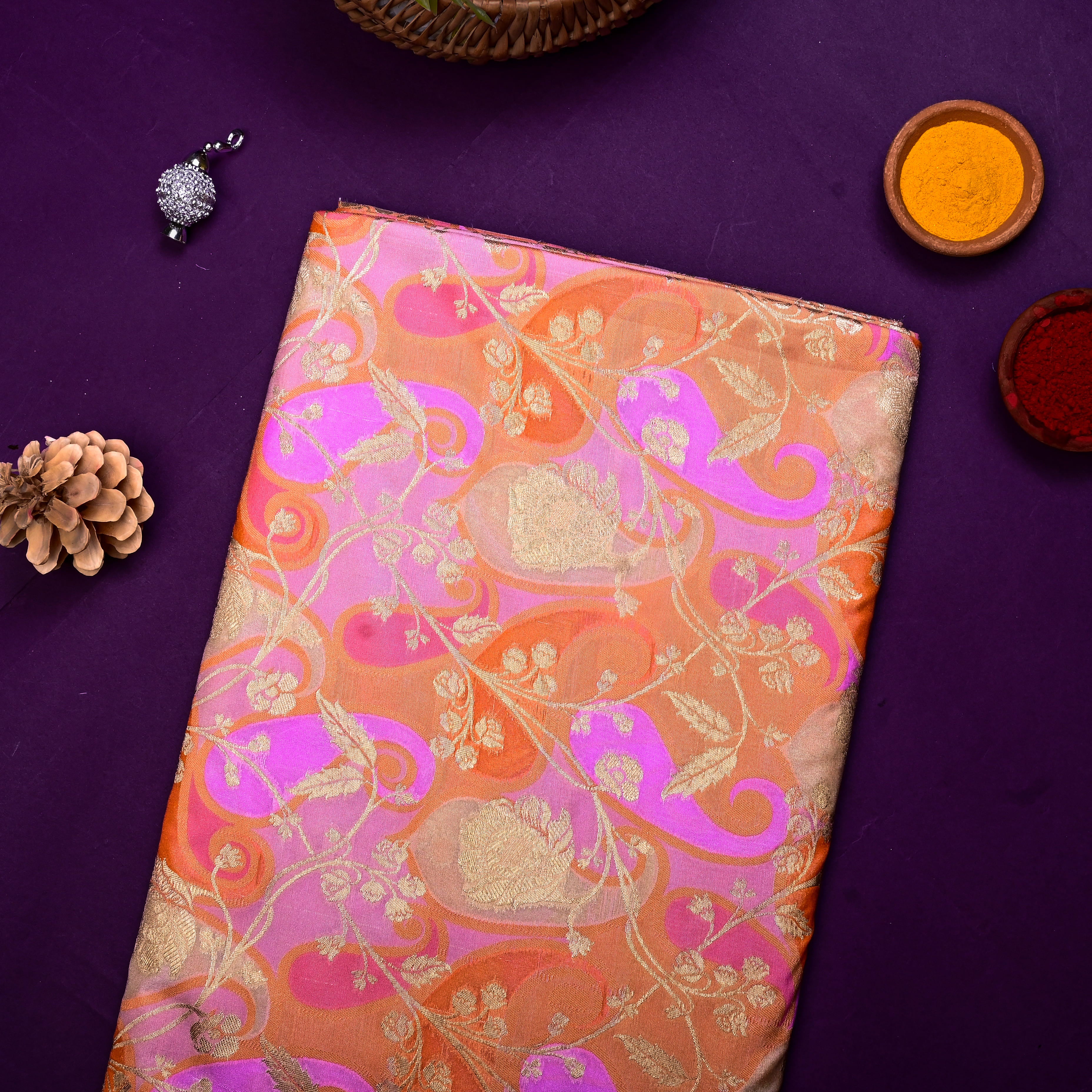 Peach Orange Banarasi Fabric With Golden Jaal
