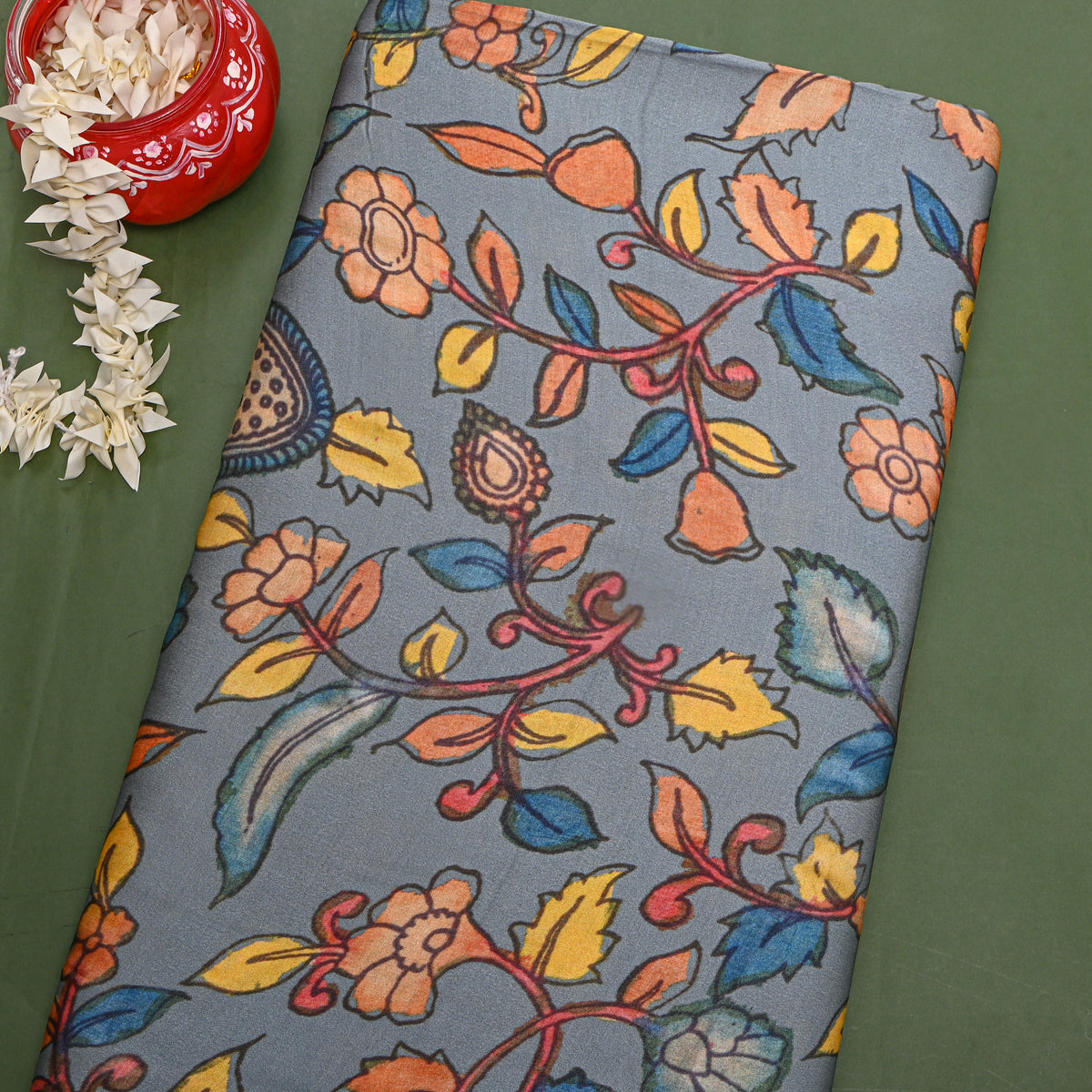 Steel Floral Print Tussar Fabric