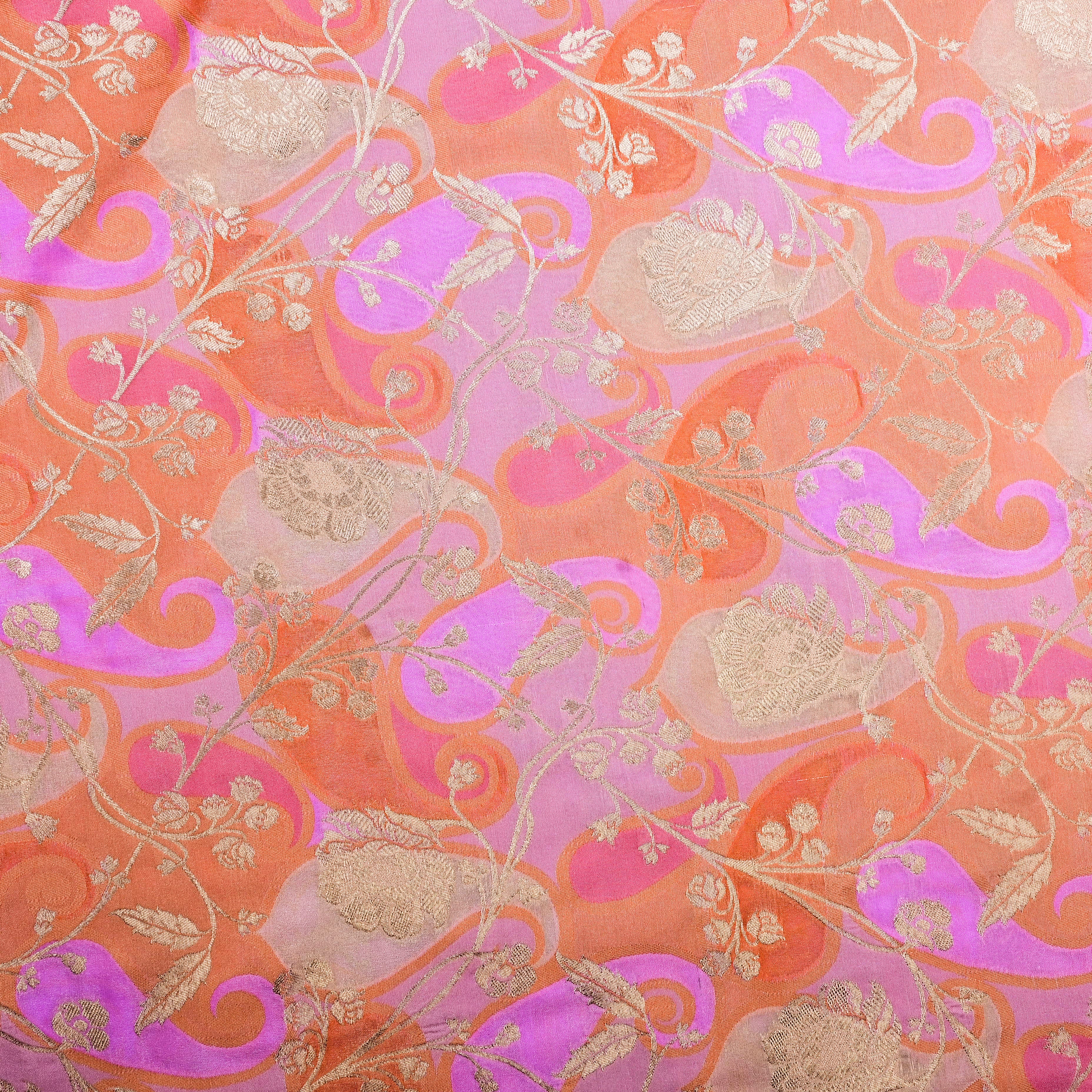 Peach Orange Banarasi Fabric With Golden Jaal