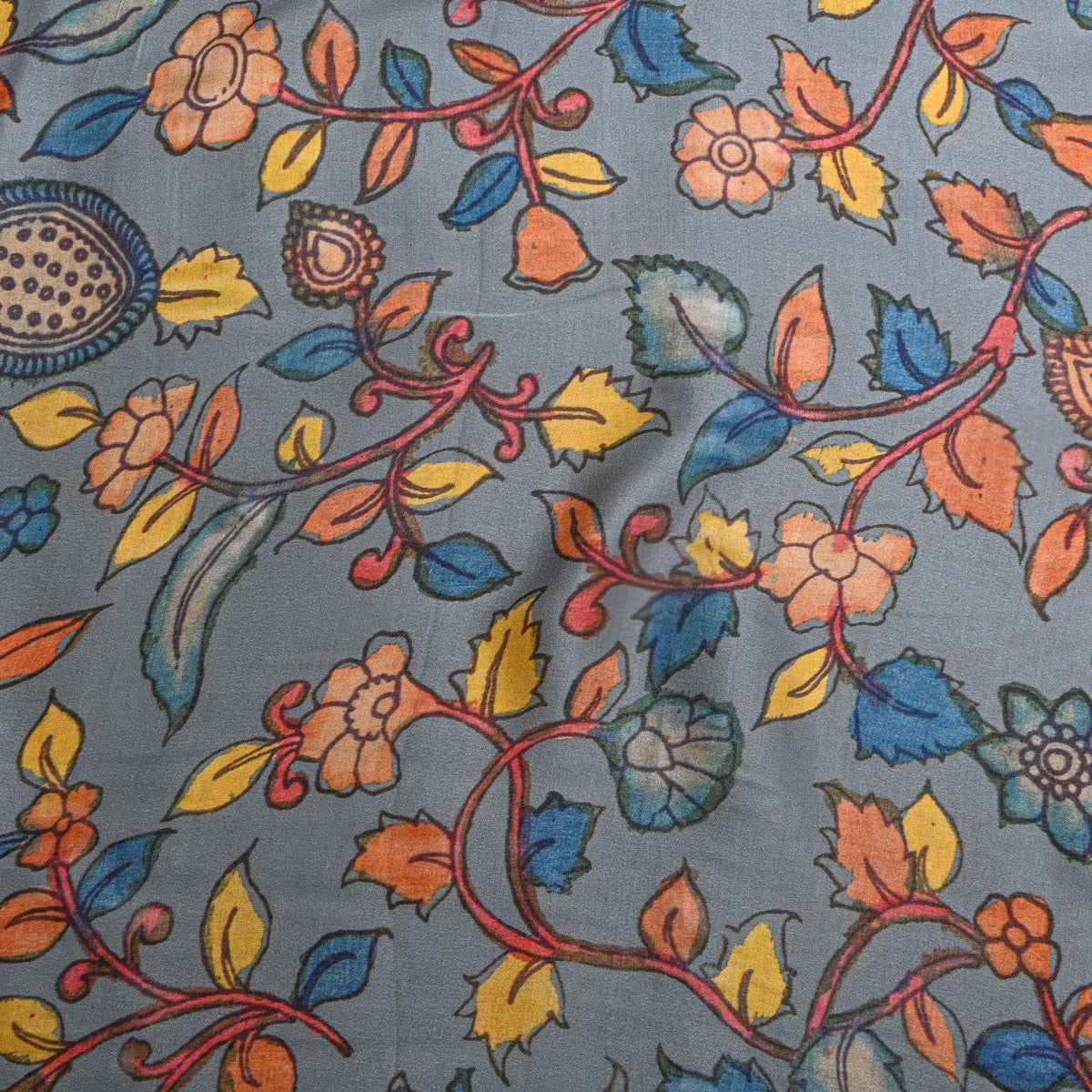 Steel Floral Print Tussar Fabric