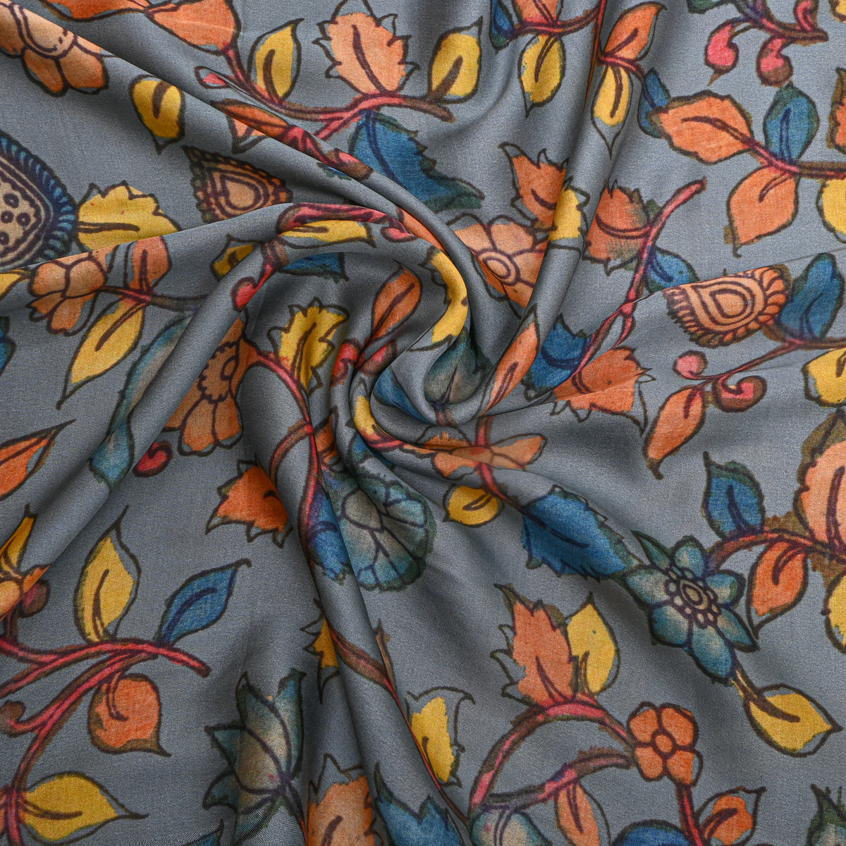 Steel Floral Print Tussar Fabric