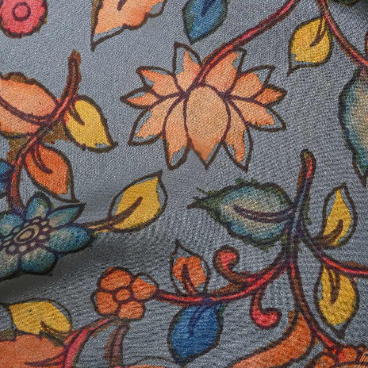 Steel Floral Print Tussar Fabric