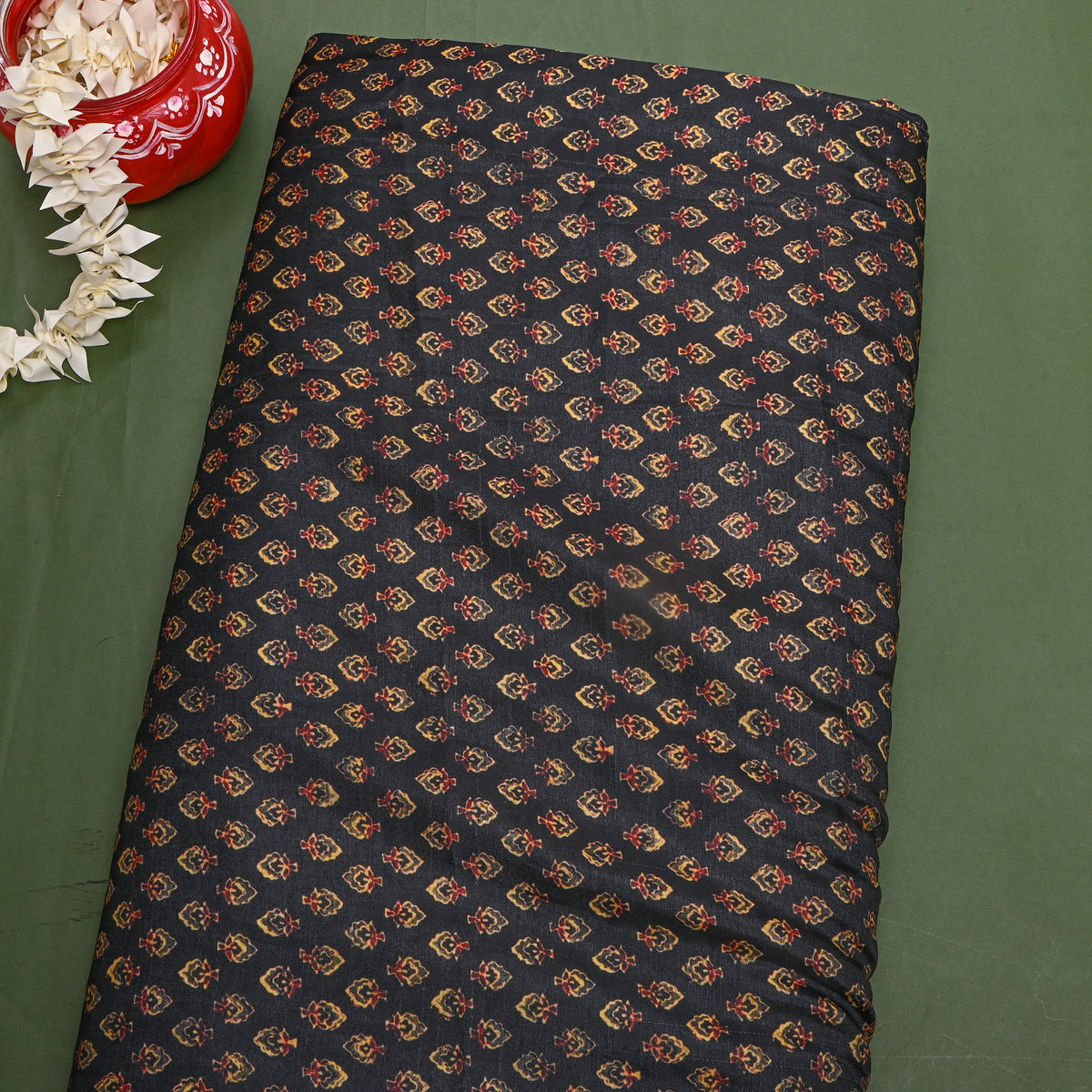 Jet Black Butti Print TussarFabric
