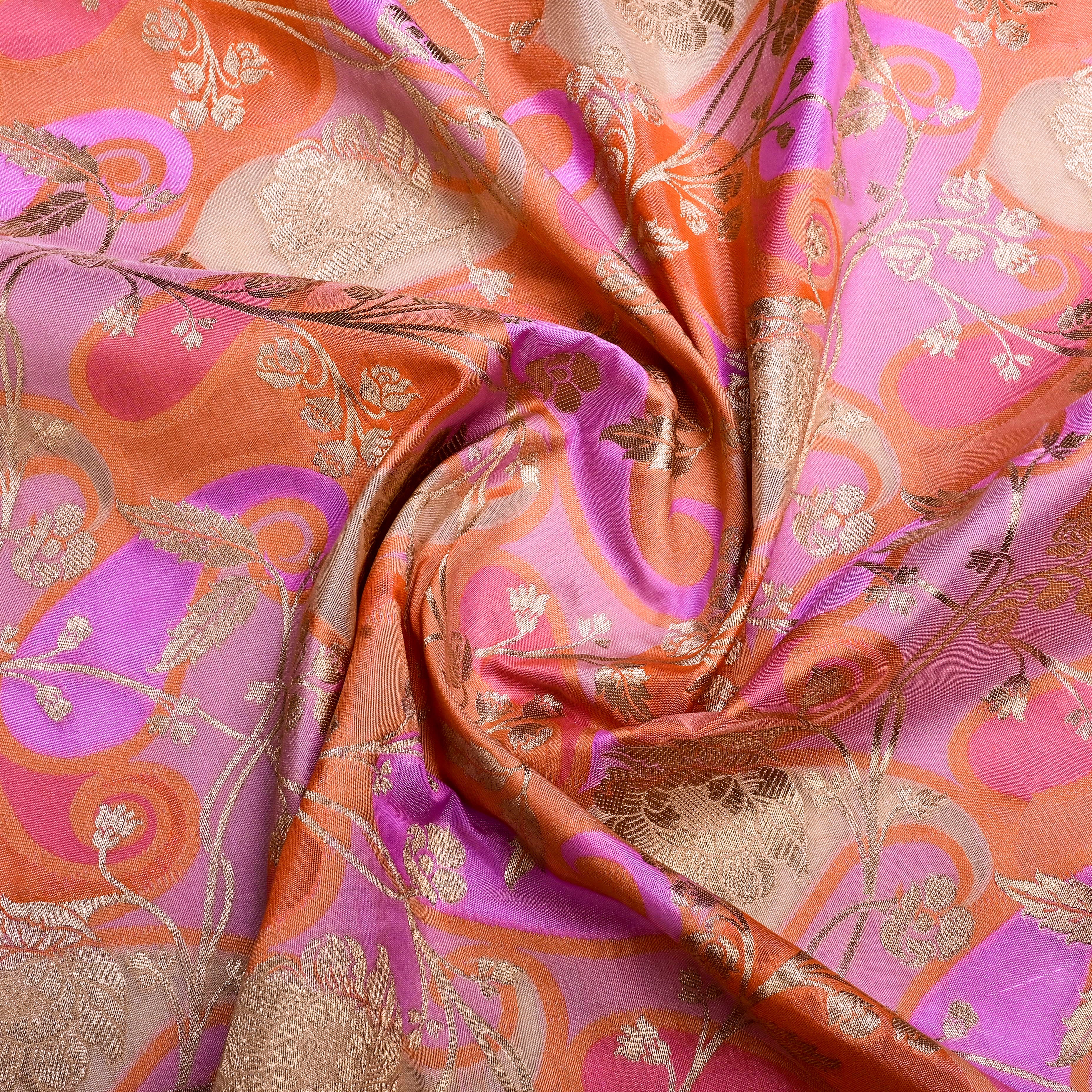 Peach Orange Banarasi Fabric With Golden Jaal