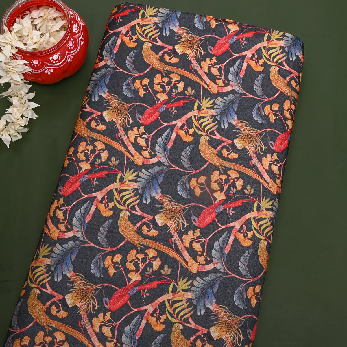 Charcoal Parrot Ginkgo Floral Print Tusser Fabric